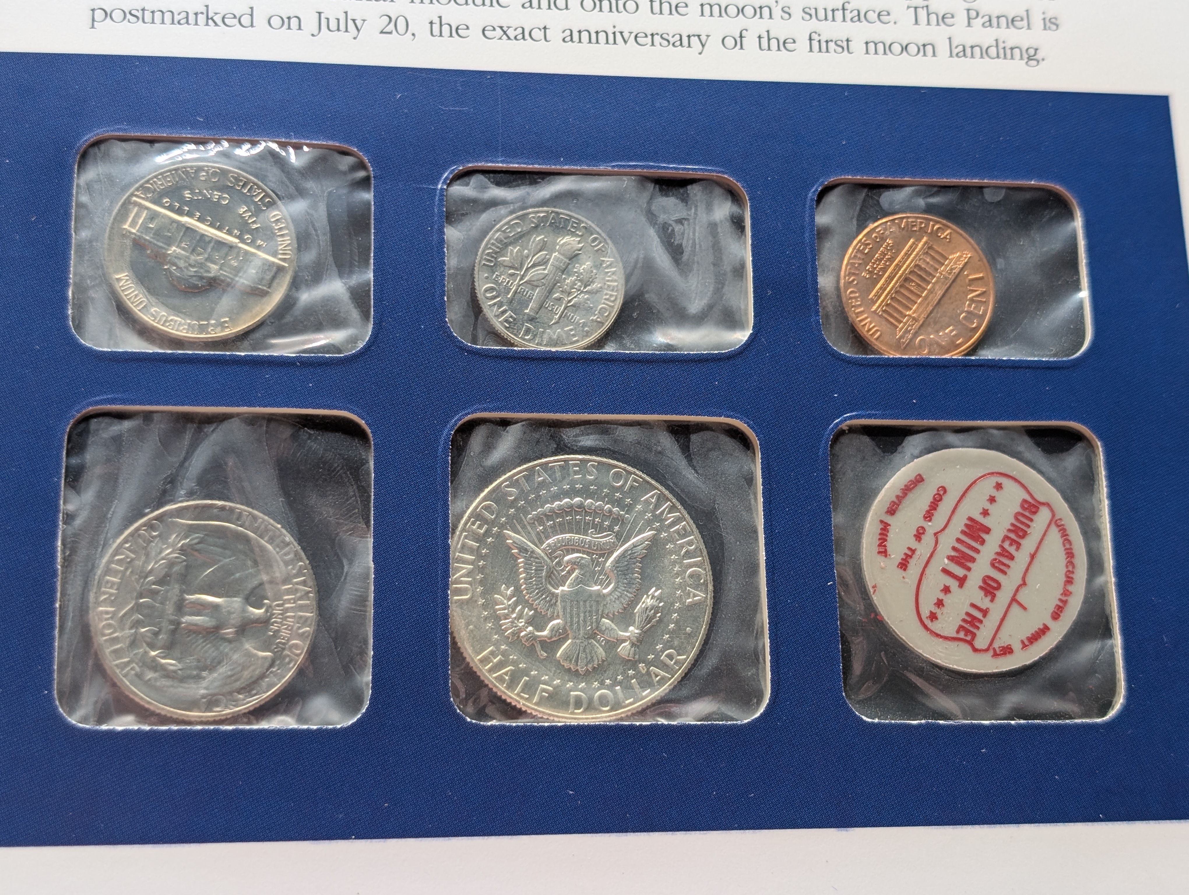 1969-P, D, & S Mint Set and Info Card Including 2 Stamps - Contains 40% Kennedy Half Dollar