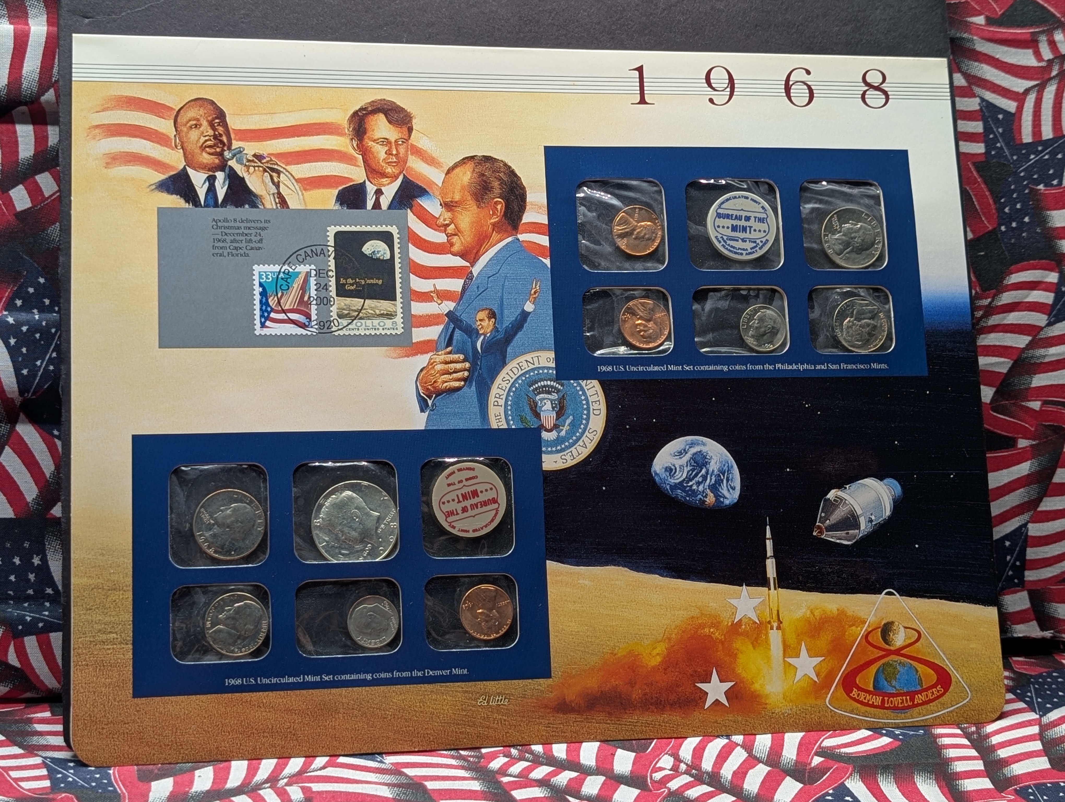 1968-P, D, & S Mint Set and Binder Page Info Card Including 2 Stamps, with 40% Silver Kennedy Half Dollar
