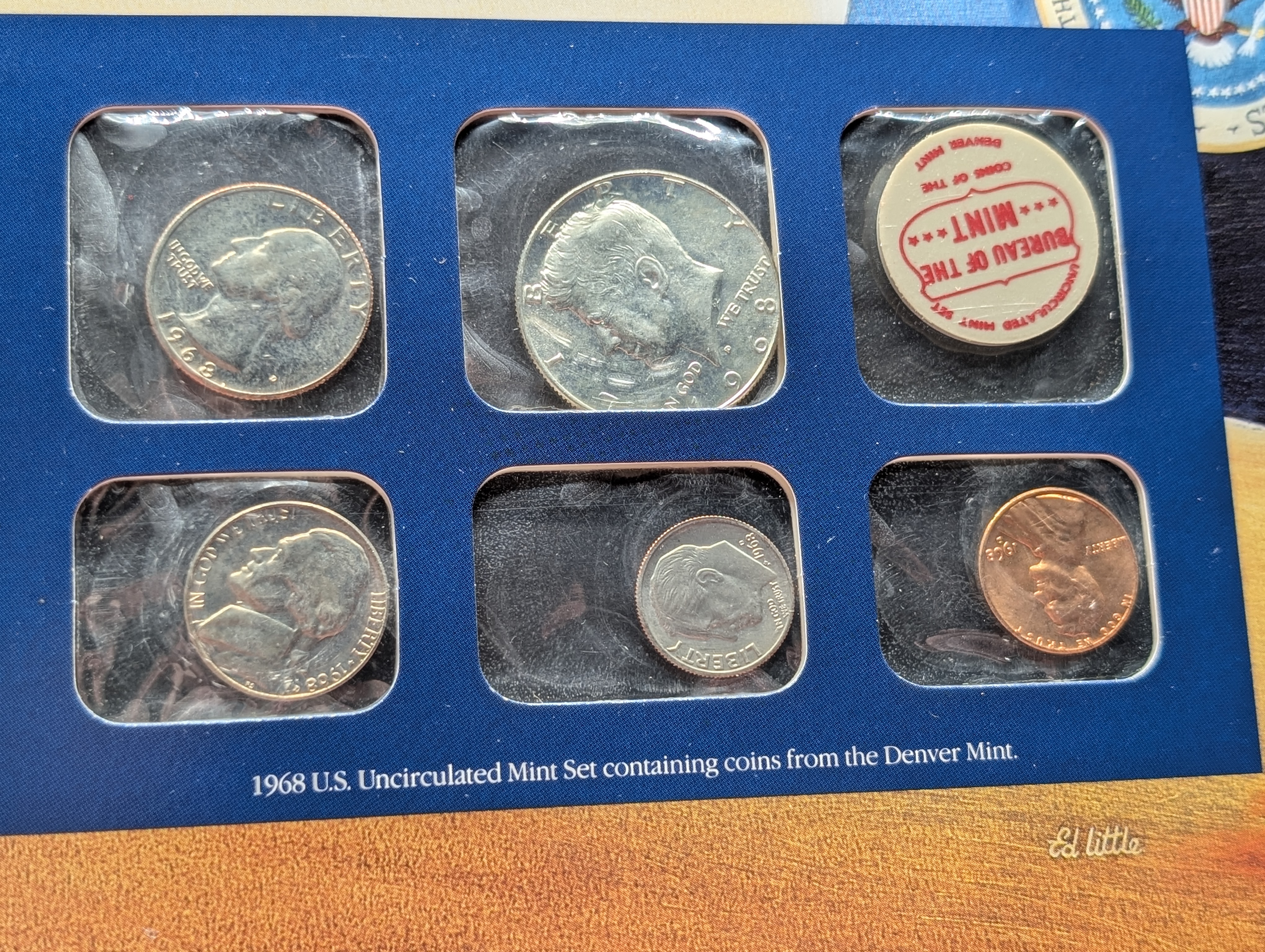 1968-P, D, & S Mint Set and Binder Page Info Card Including 2 Stamps, with 40% Silver Kennedy Half Dollar