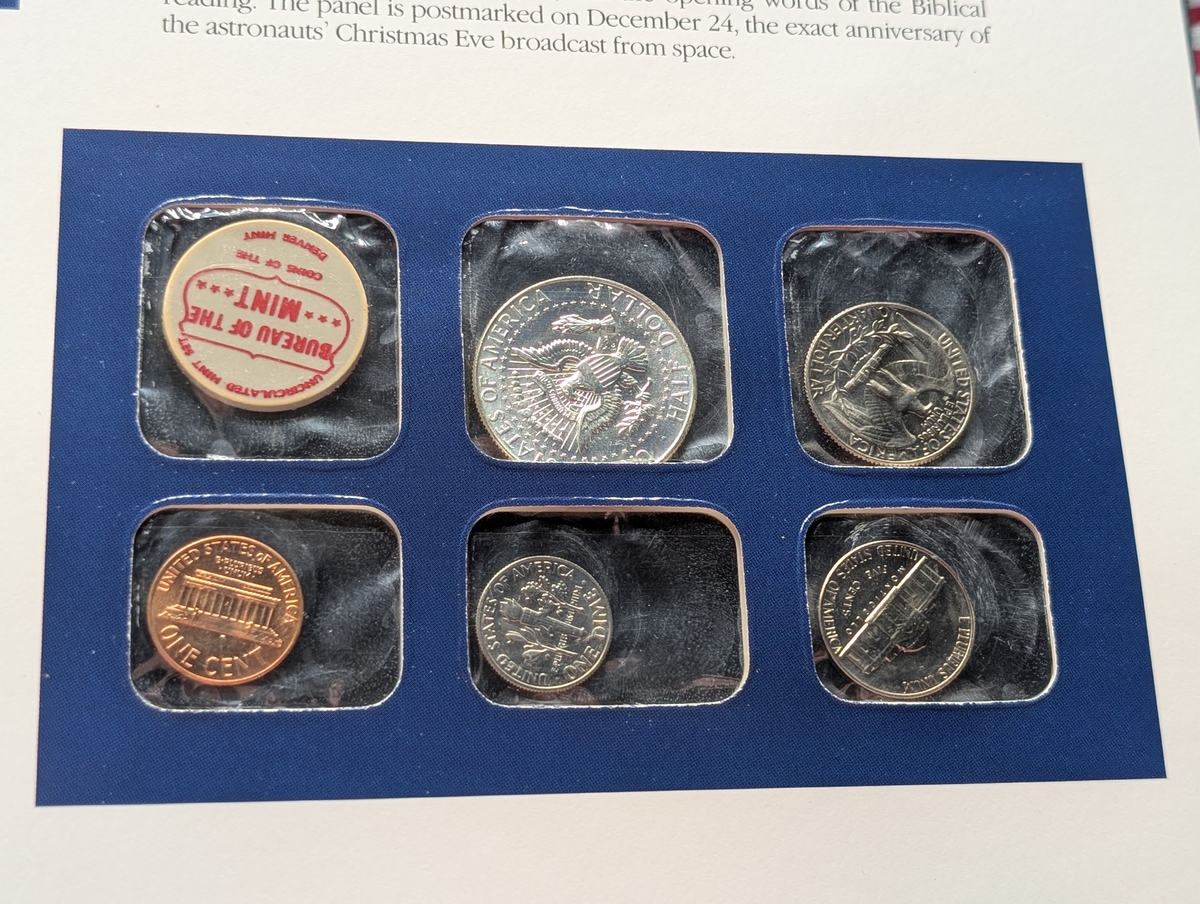 1968-P, D, & S Mint Set and Binder Page Info Card Including 2 Stamps, with 40% Silver Kennedy Half Dollar