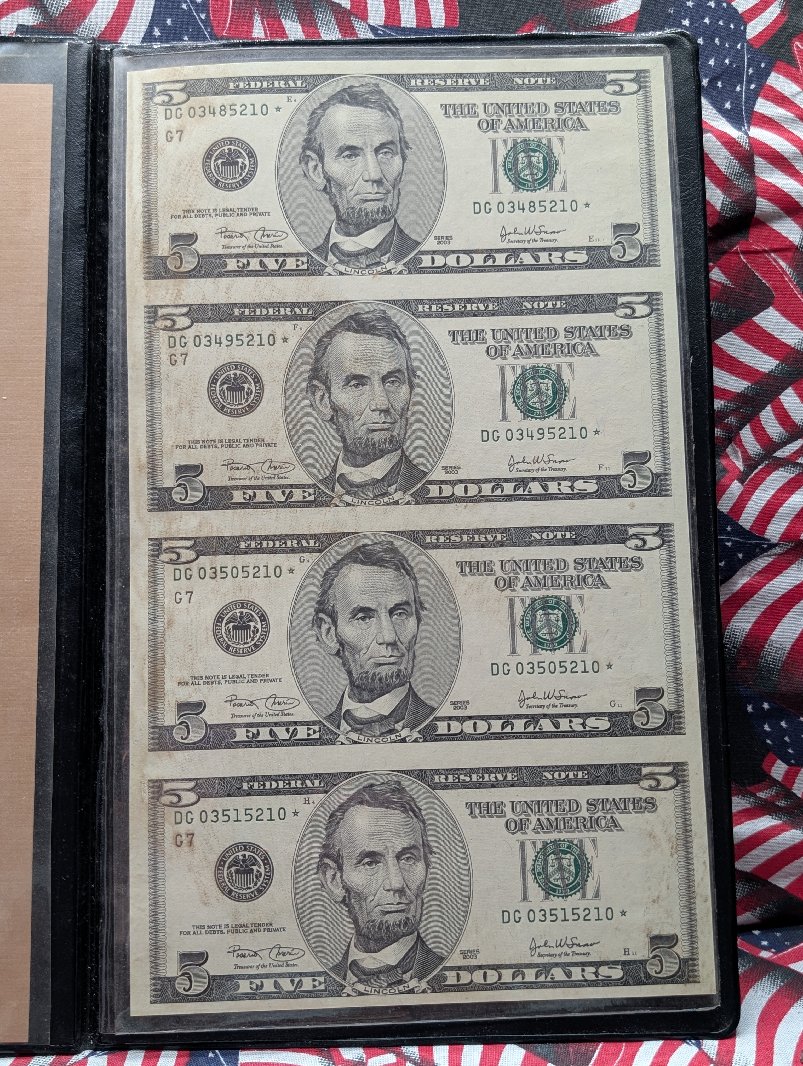 2003 $5 Star Notes, The Wisdom of Abraham Lincoln Dollar Collection, Uncut Sheet of 4