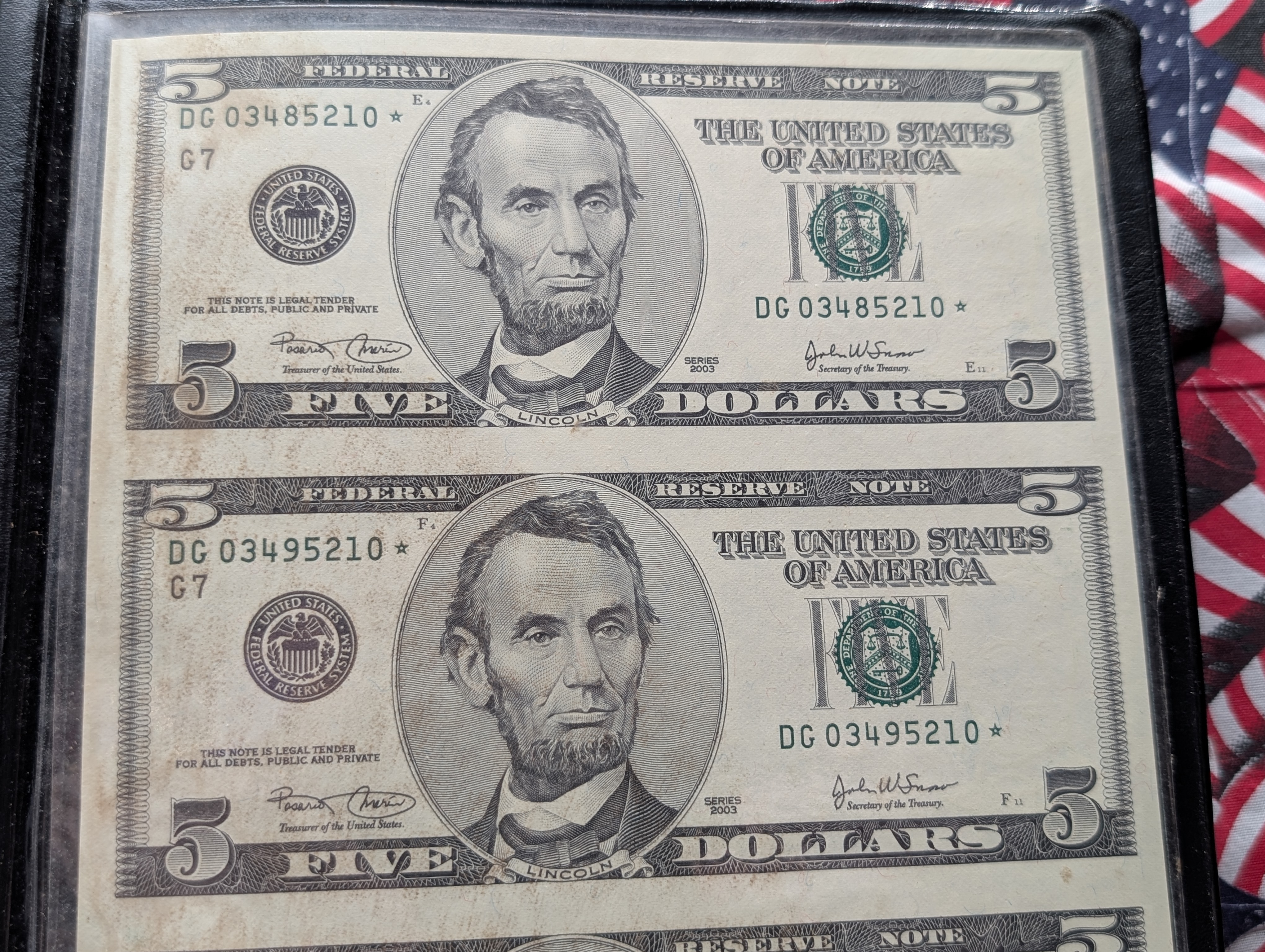 2003 $5 Star Notes, The Wisdom of Abraham Lincoln Dollar Collection, Uncut Sheet of 4
