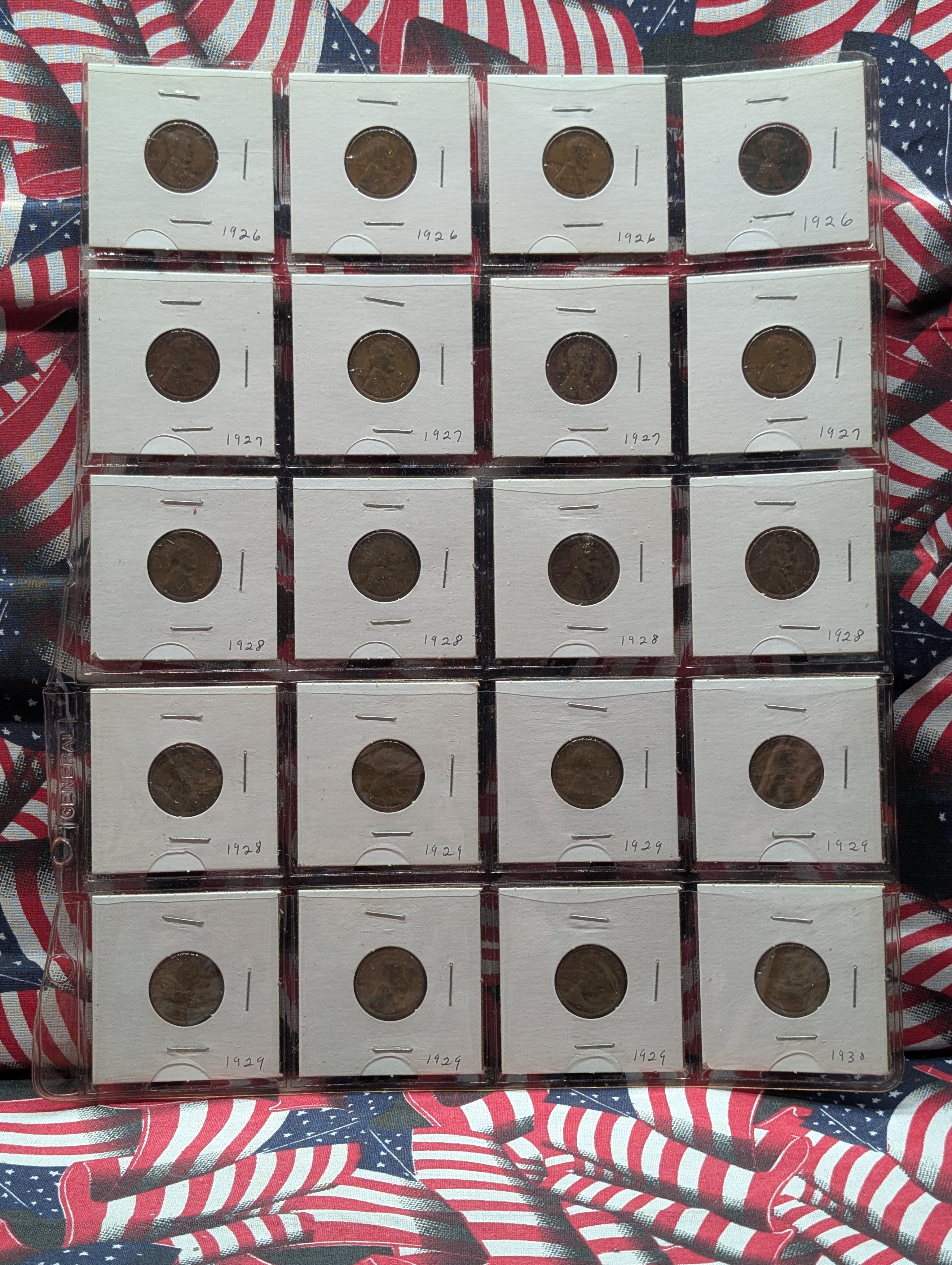 Full Binder Page of Wheat Pennies - 20 Coins, 1926, 1927, 1928, 1929