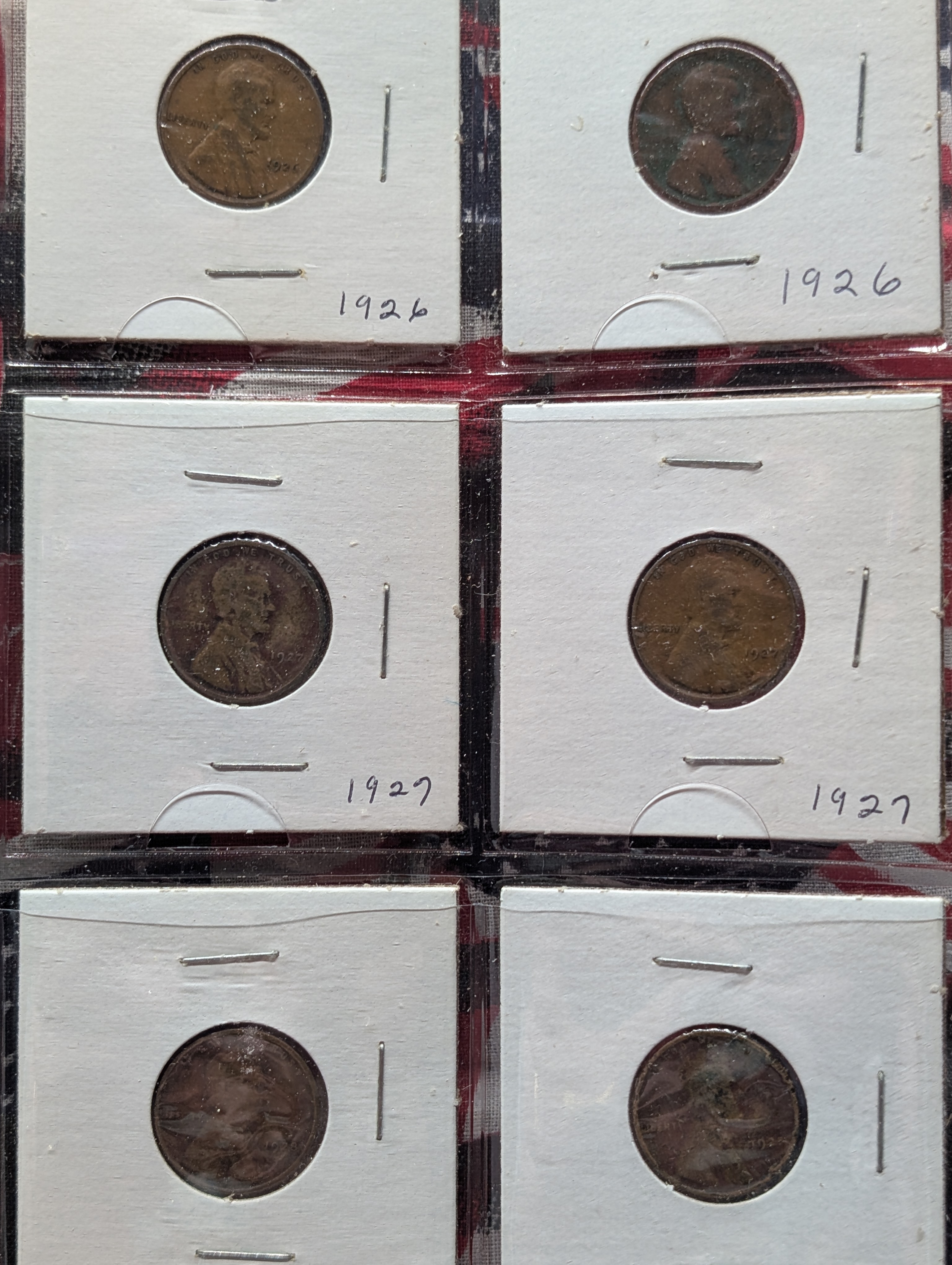 Full Binder Page of Wheat Pennies - 20 Coins, 1926, 1927, 1928, 1929