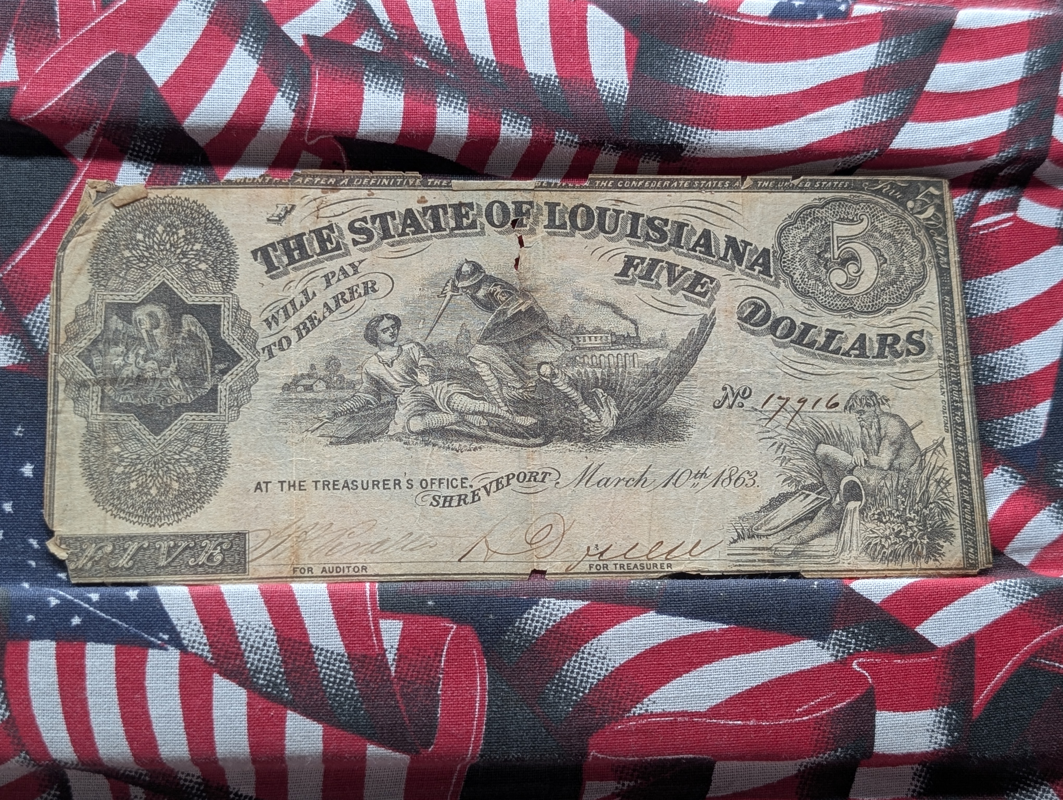 March 10, 1863 State of Louisiana $5 - Shreveport - Great Design W/ Tear - Civil War.