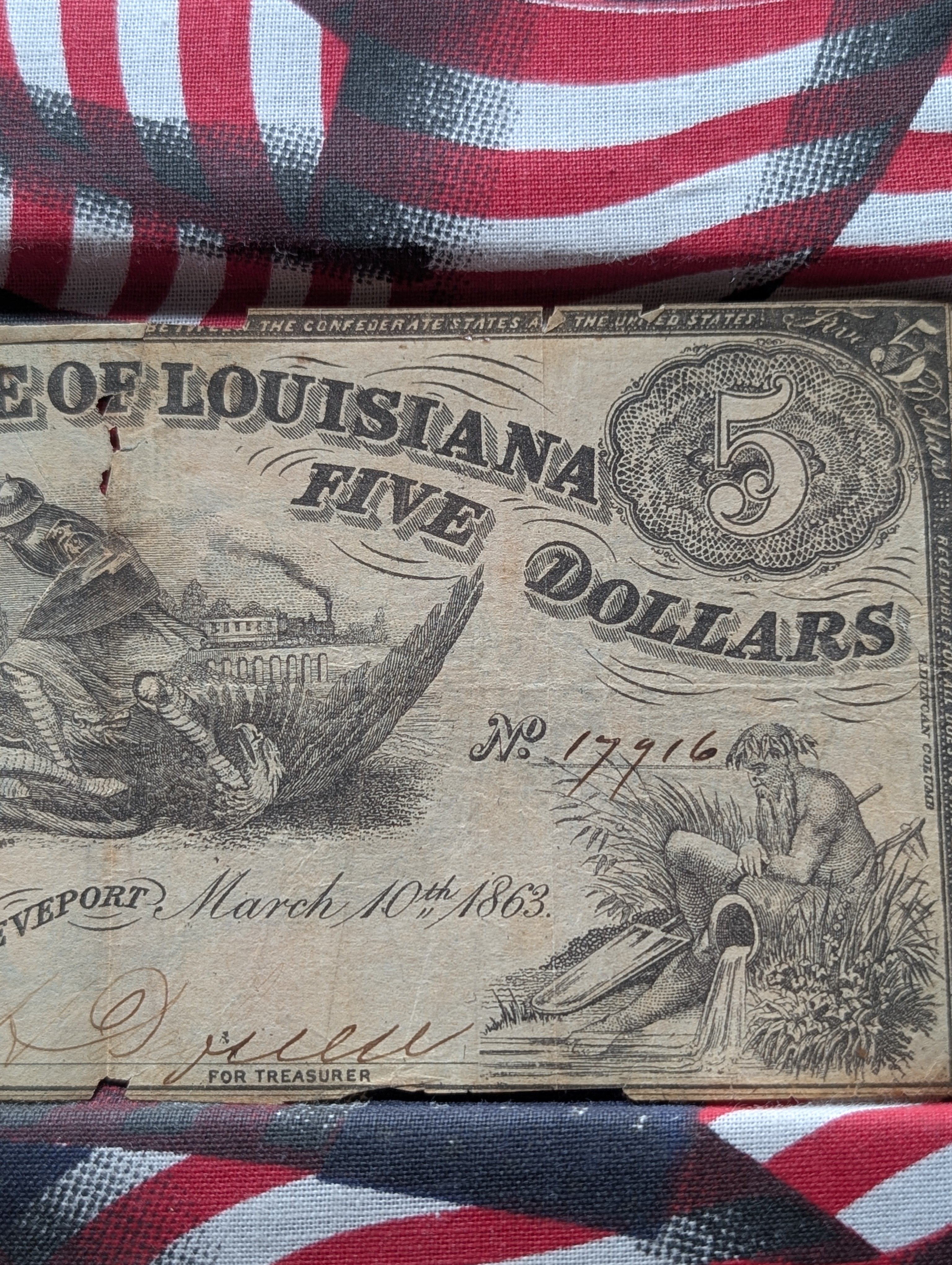 March 10, 1863 State of Louisiana $5 - Shreveport - Great Design W/ Tear - Civil War.