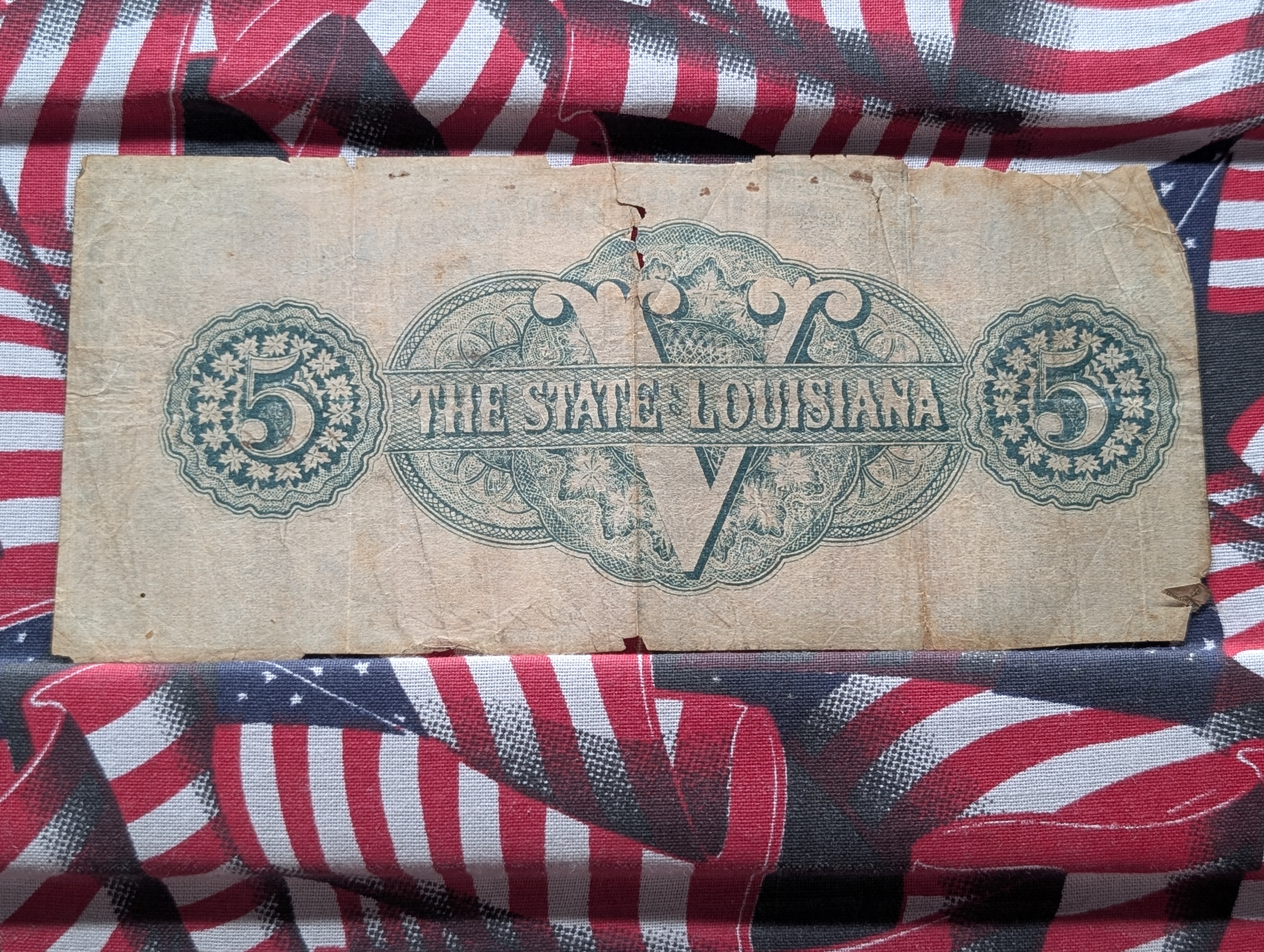 March 10, 1863 State of Louisiana $5 - Shreveport - Great Design W/ Tear - Civil War.