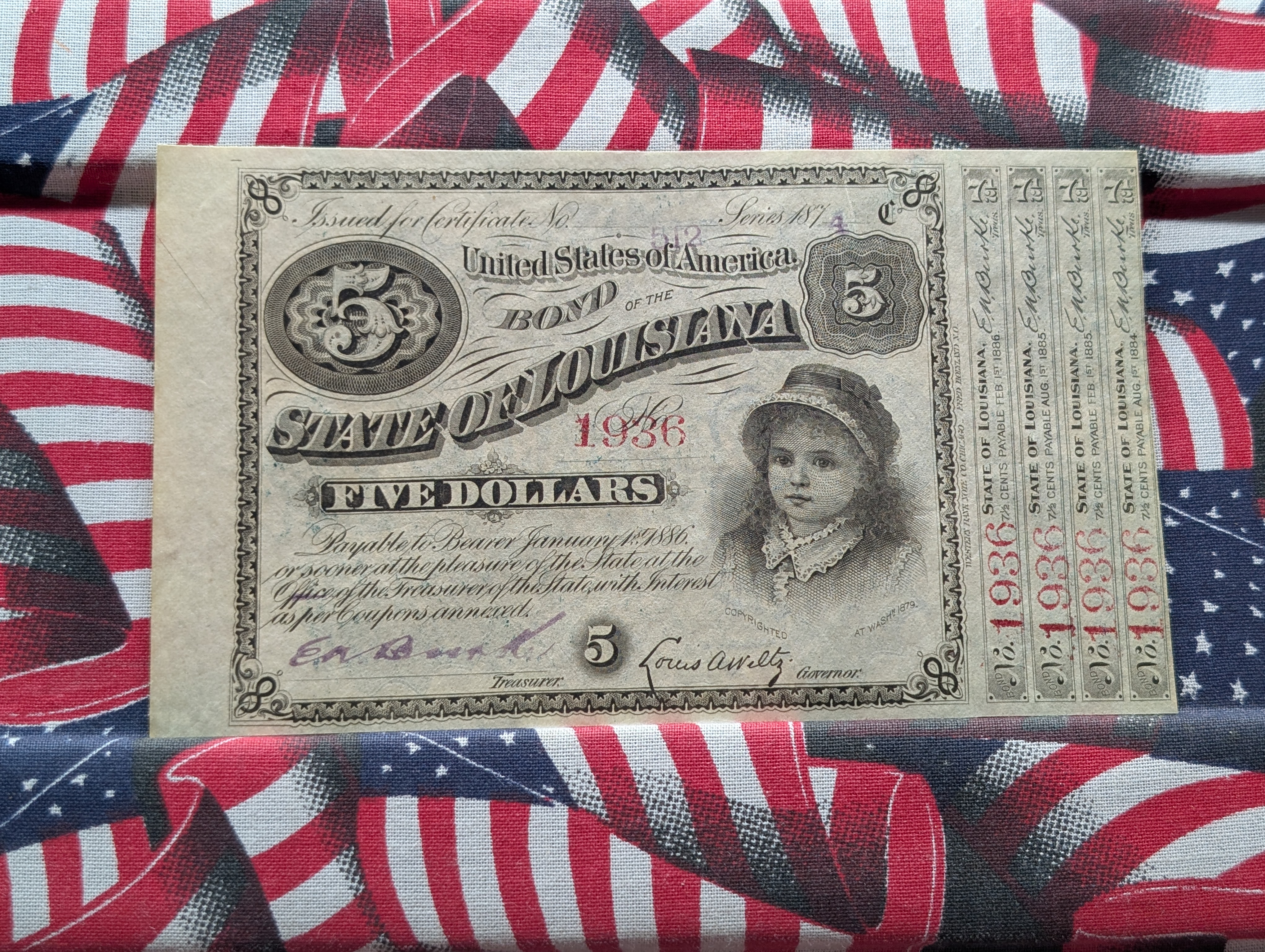 1870s State of Louisiana $5 Baby Bond - Crisp Uncirculated.
