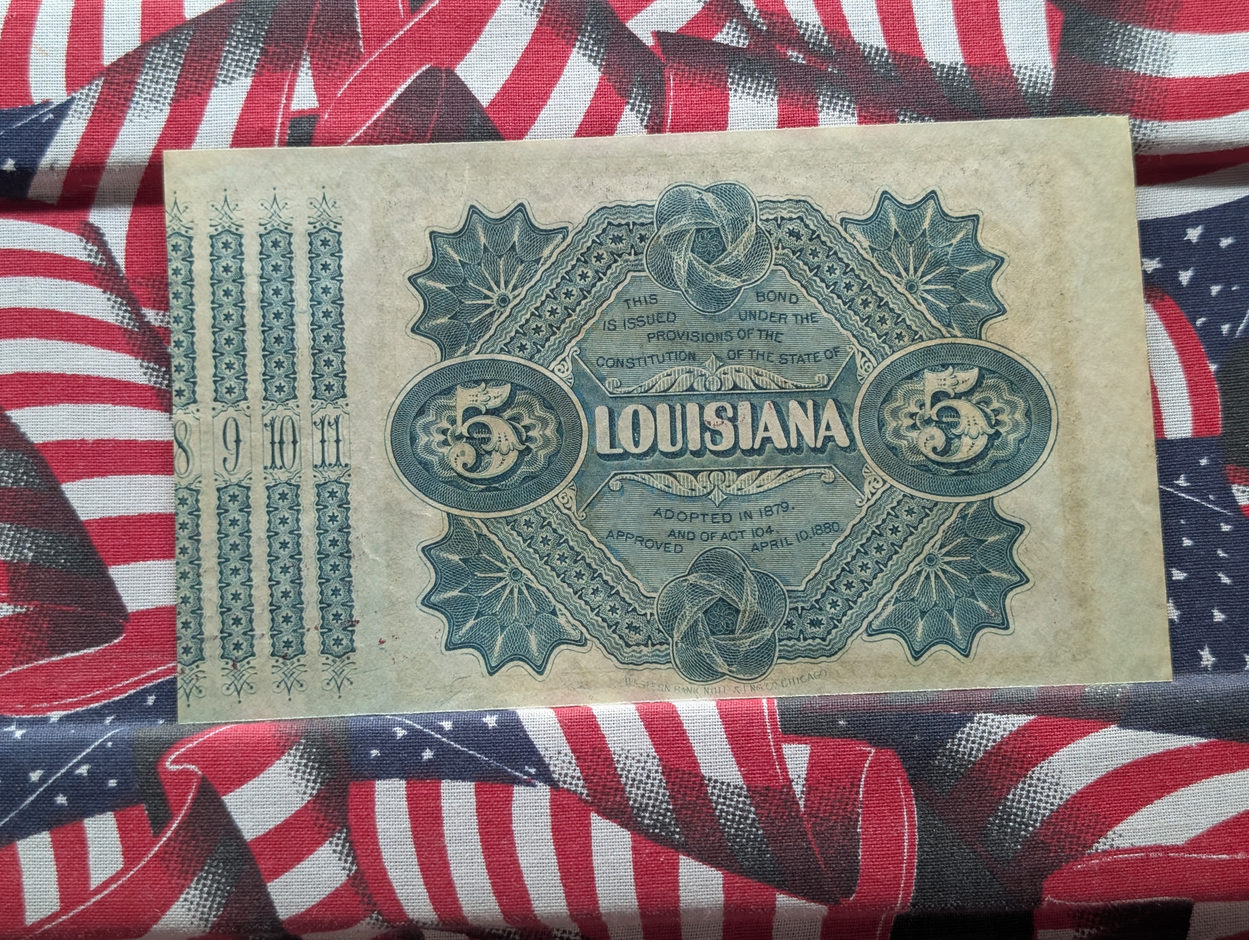 1870s State of Louisiana $5 Baby Bond - Crisp Uncirculated.