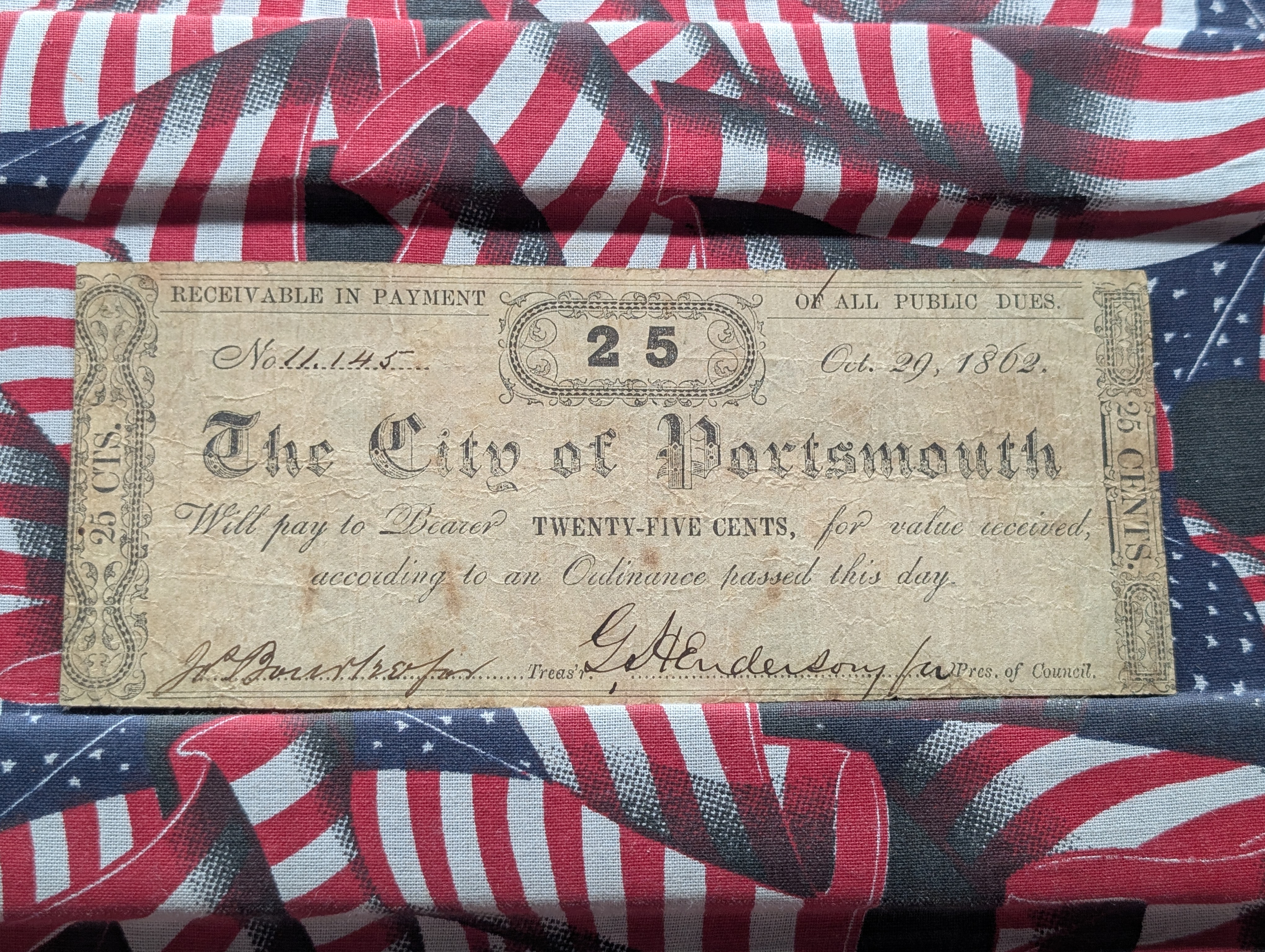 Oct 29, 1862 City of Portsmouth Virginia 25 Cent - Nice VF - Civil War.