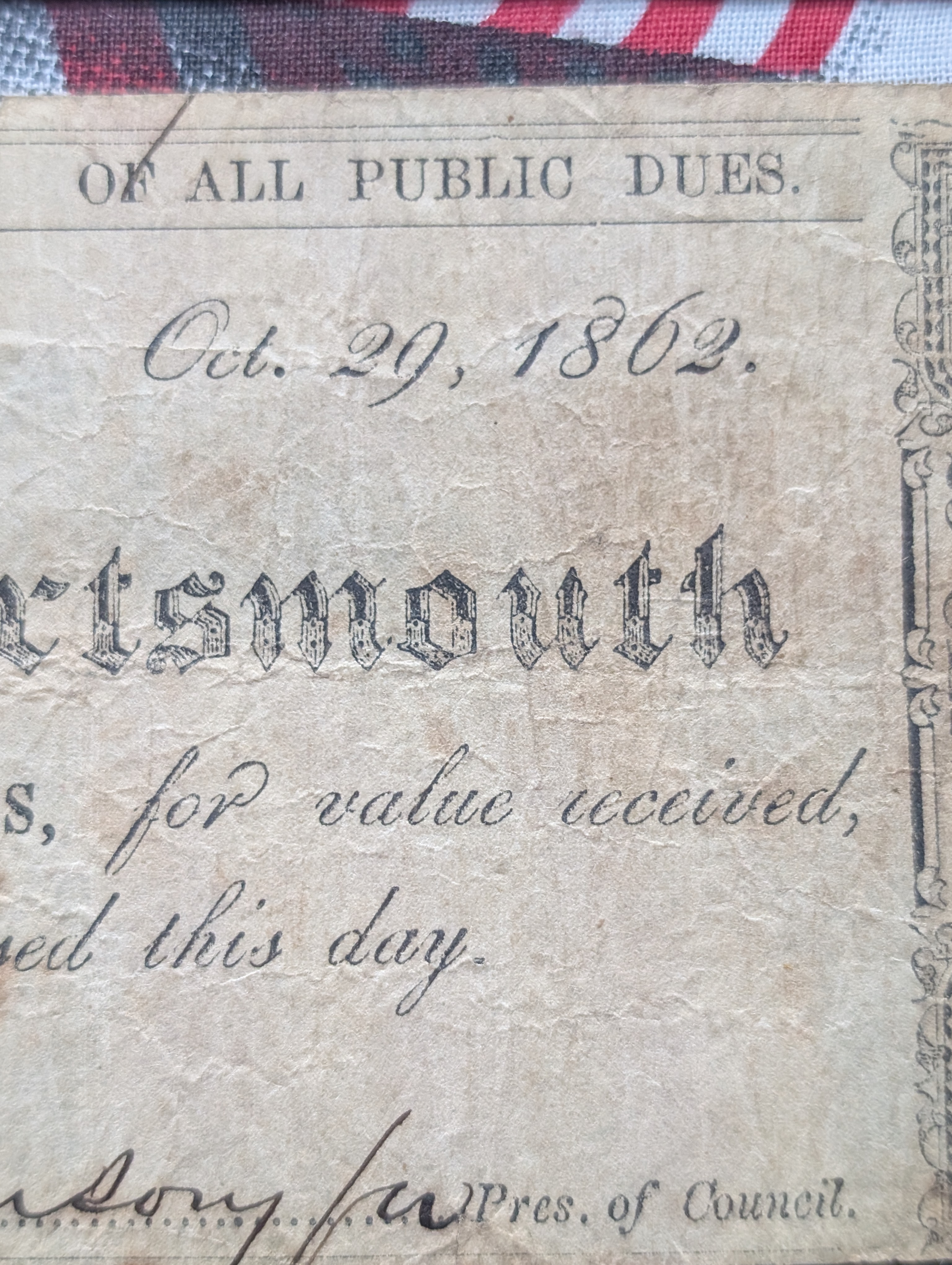 Oct 29, 1862 City of Portsmouth Virginia 25 Cent - Nice VF - Civil War.