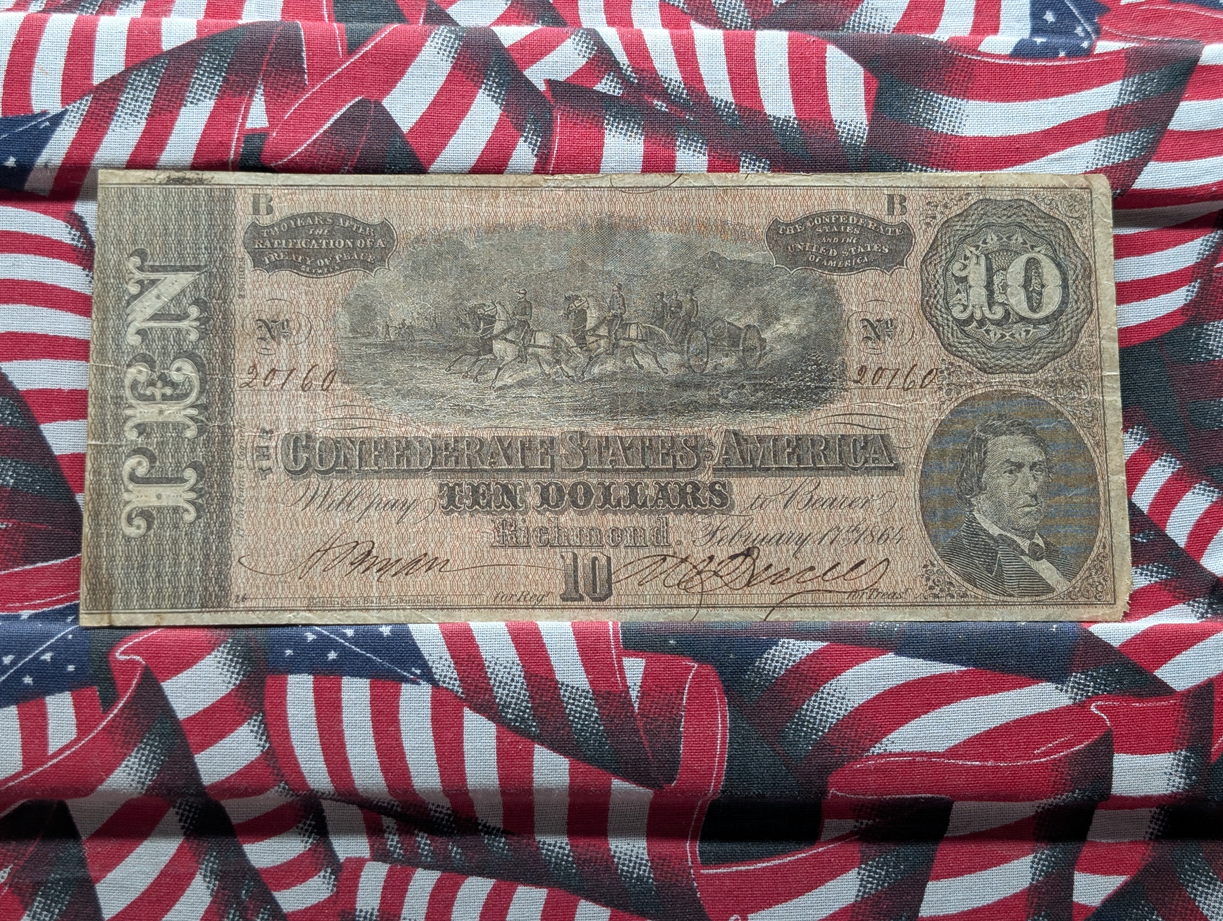 1864 Confederate State $10 - Nice VF - Civil War.