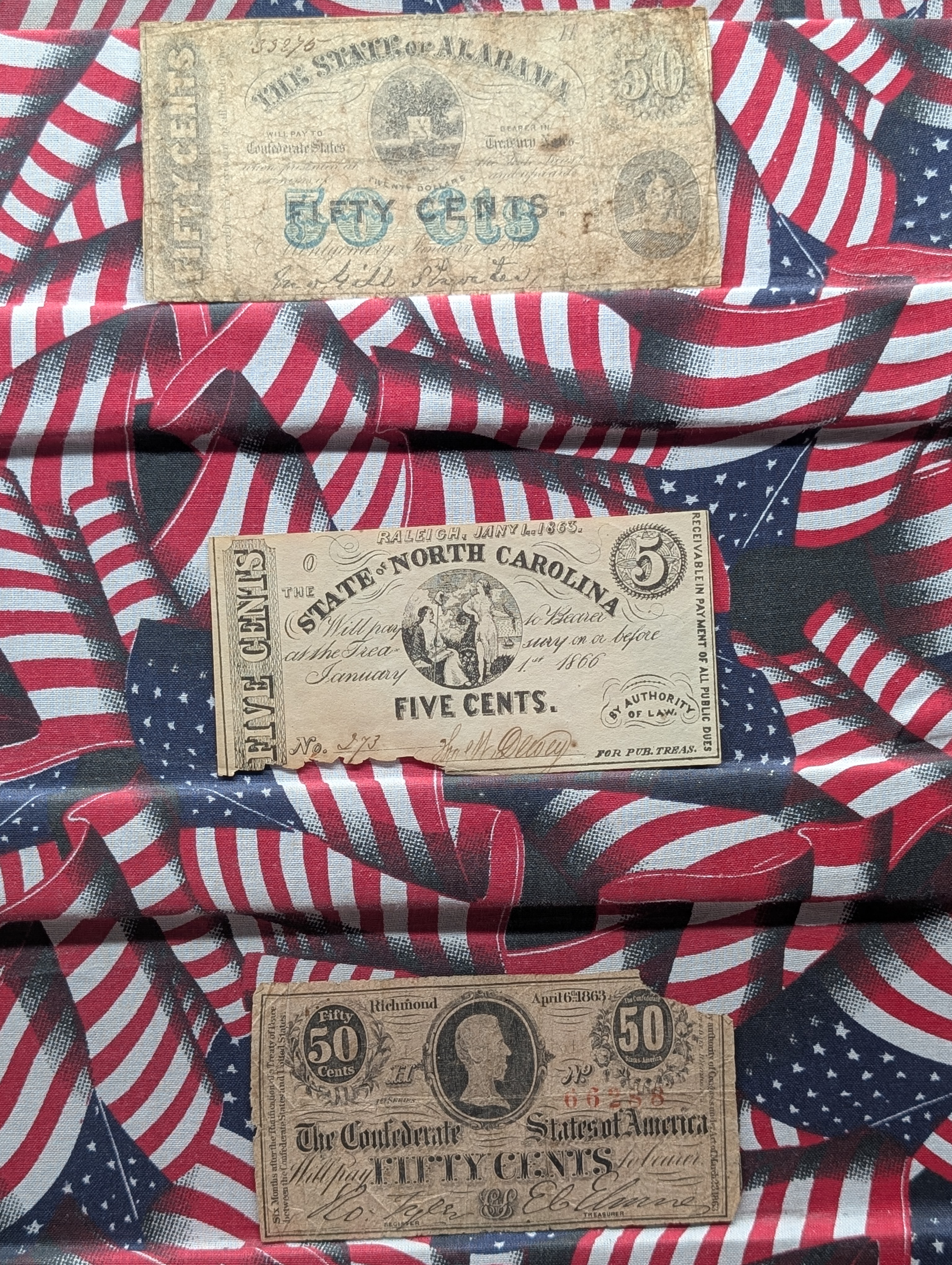 (3) Civil War Notes: 1863 Confederate 50 Cents, 1863 North Carolina 5 Cents, and 1864 Alabama 50 Cents.