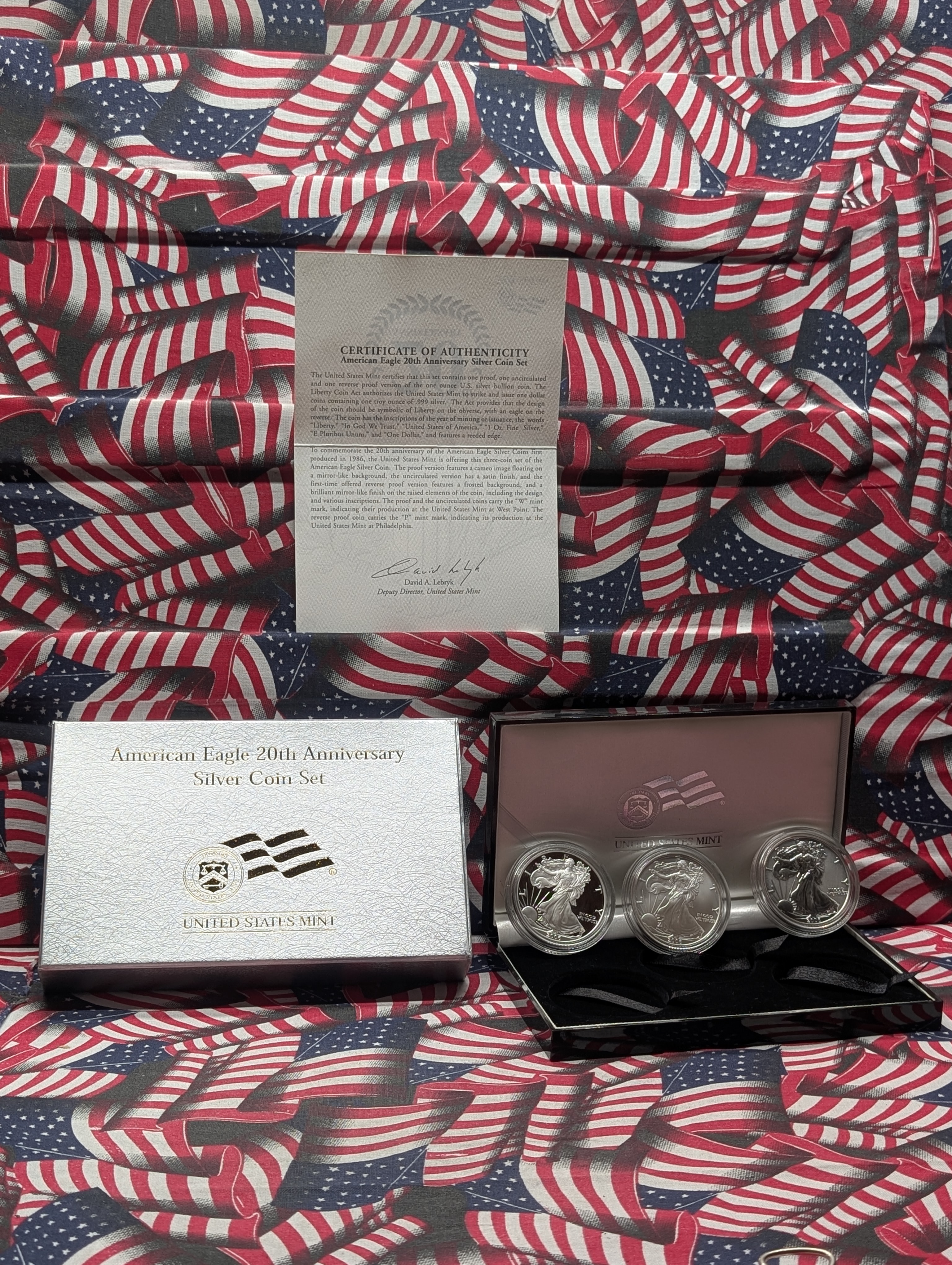2006-P & W American Silver Eagle 20th Anniversary Coin Set - (3) Eagles in original box plus COA. Box has small issues but coins are great.