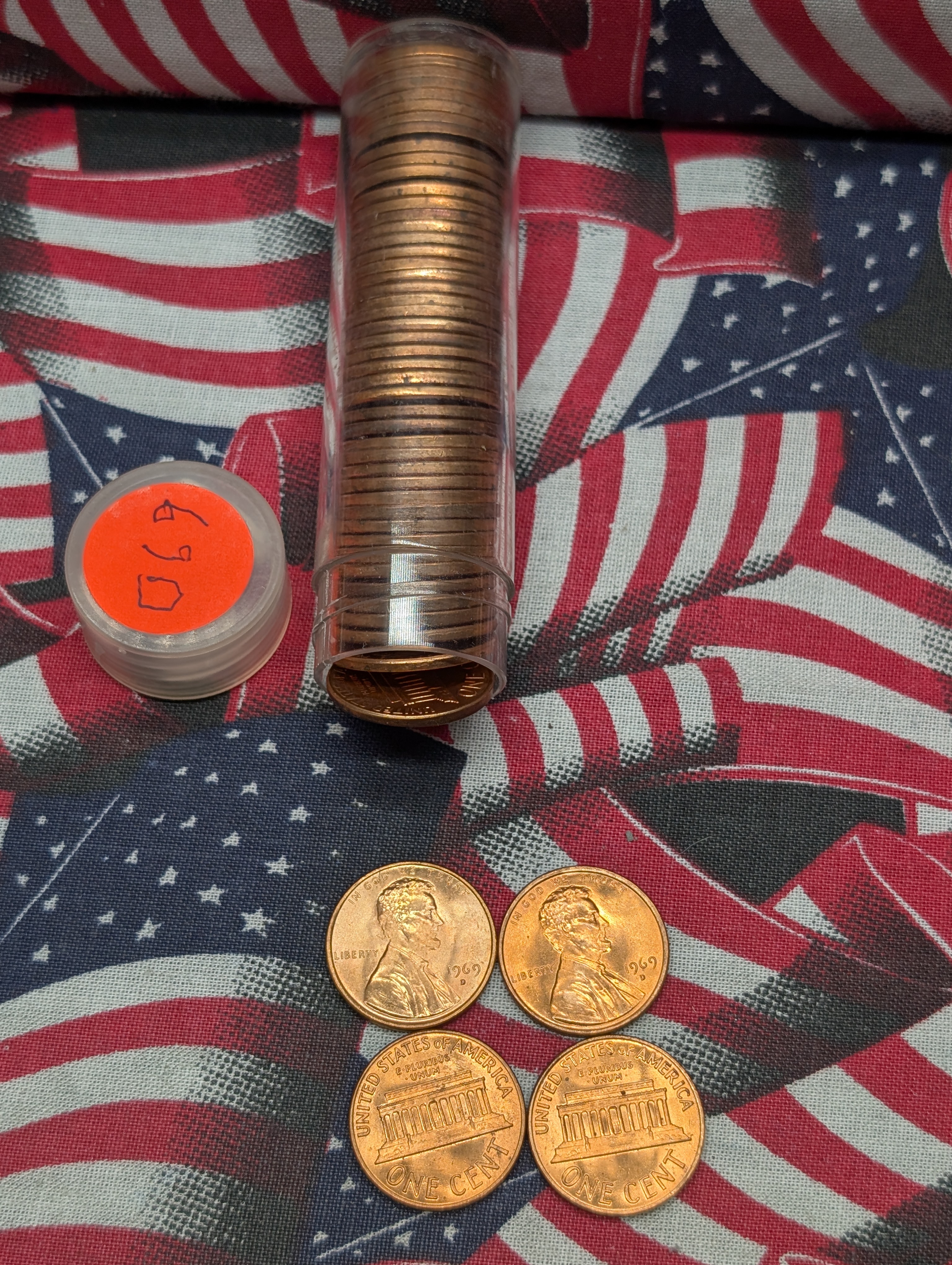 3 Rolls of Lincoln Memorial Cents: 1968-D, 1969-D, and 1969-S - GEM Red BU.