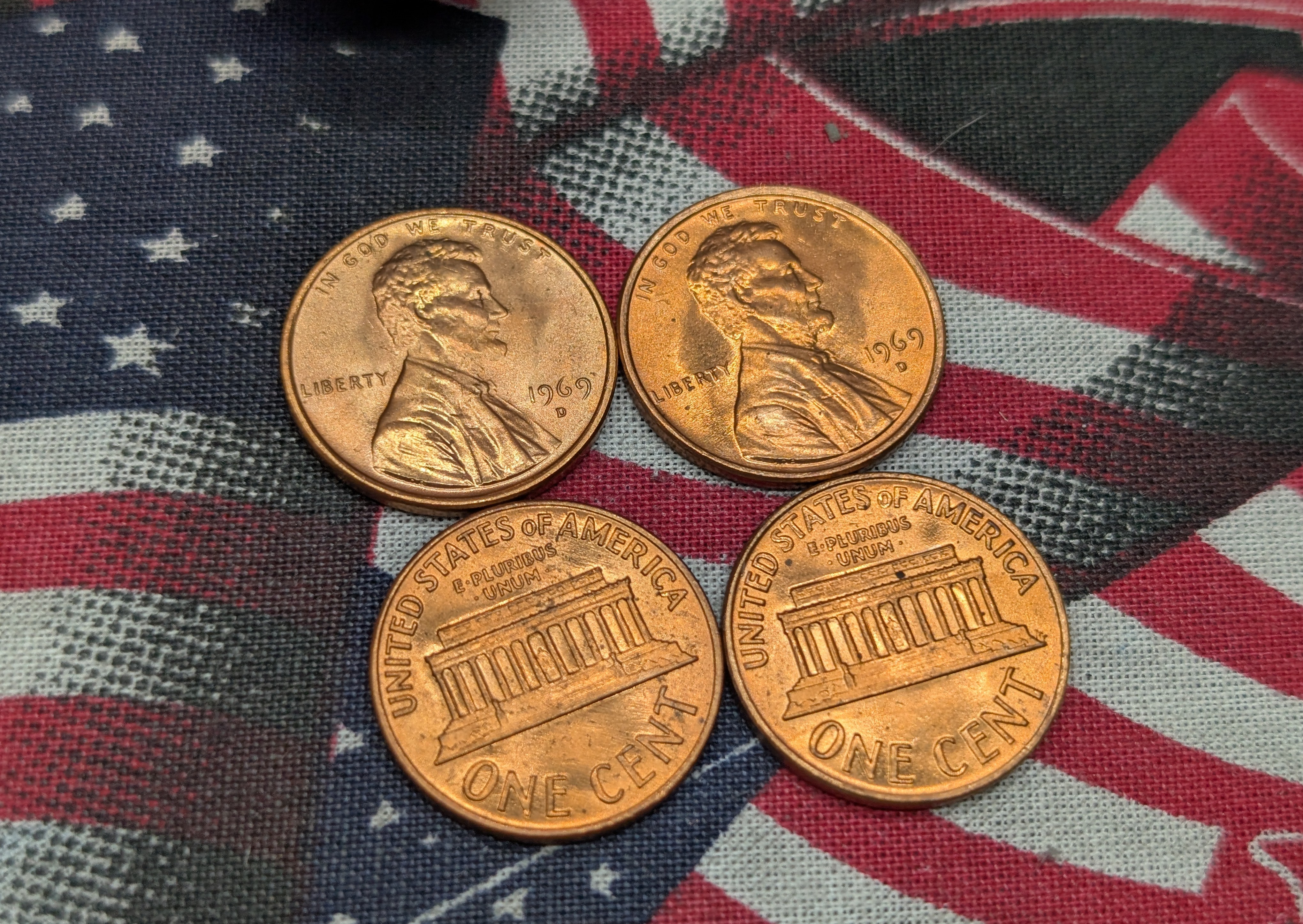 3 Rolls of Lincoln Memorial Cents: 1968-D, 1969-D, and 1969-S - GEM Red BU.