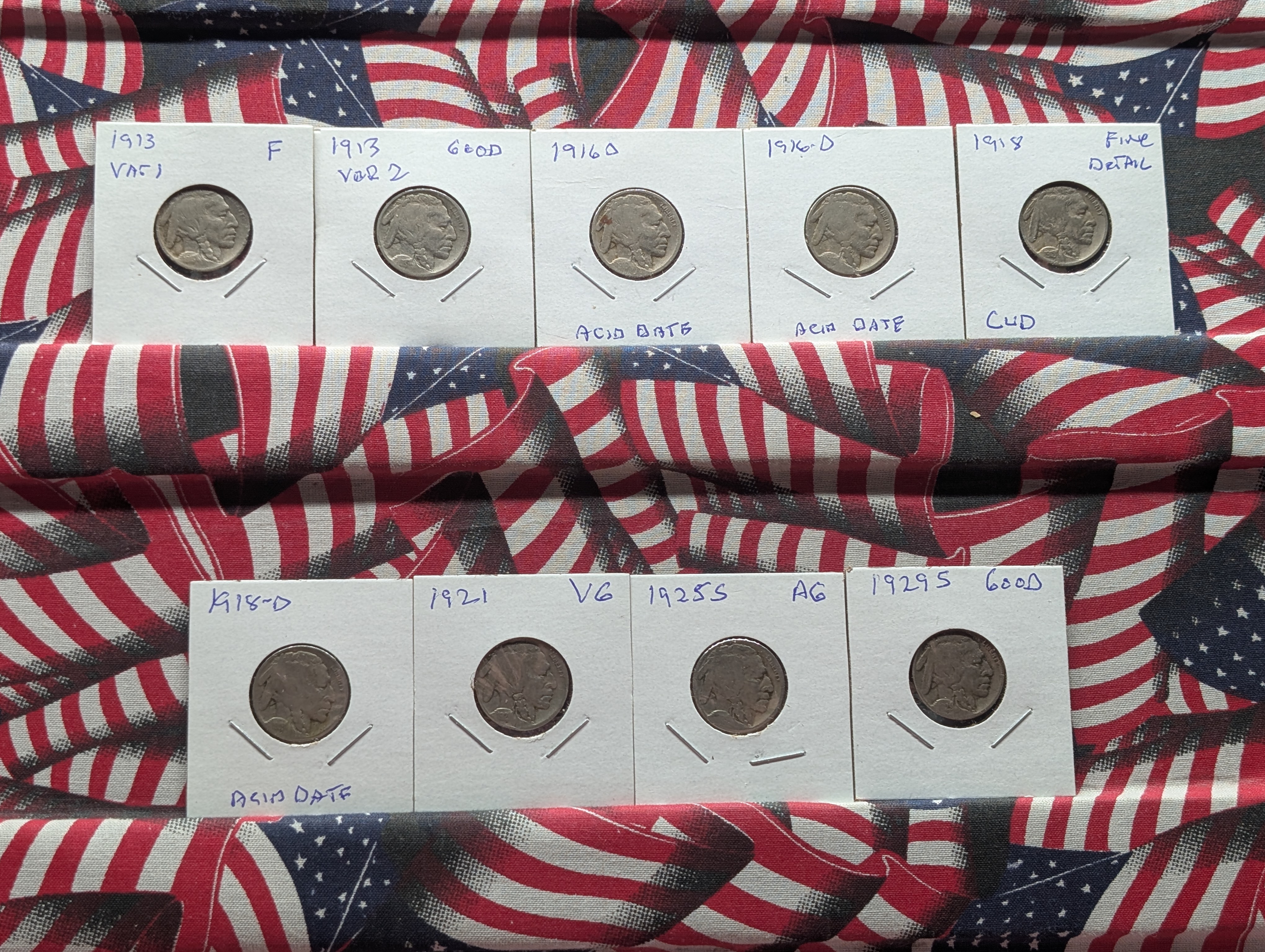 (9) Indian Head Buffalo Nickels - 1913 Var. 1 and 2, 2- 1916-D & 1918 Acid Treated Date, 1918 w/ Cud, 1921, 1925-S, 1929-S