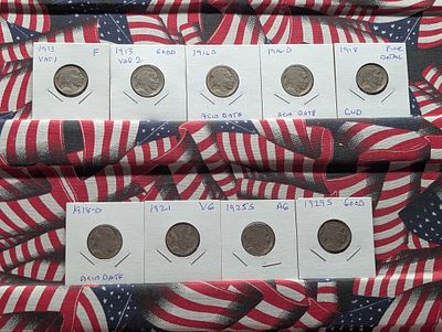 (9) Indian Head Buffalo Nickels - 1913 Var. 1 and 2, 2- 1916-D & 1918 Acid Treated Date, 1918 