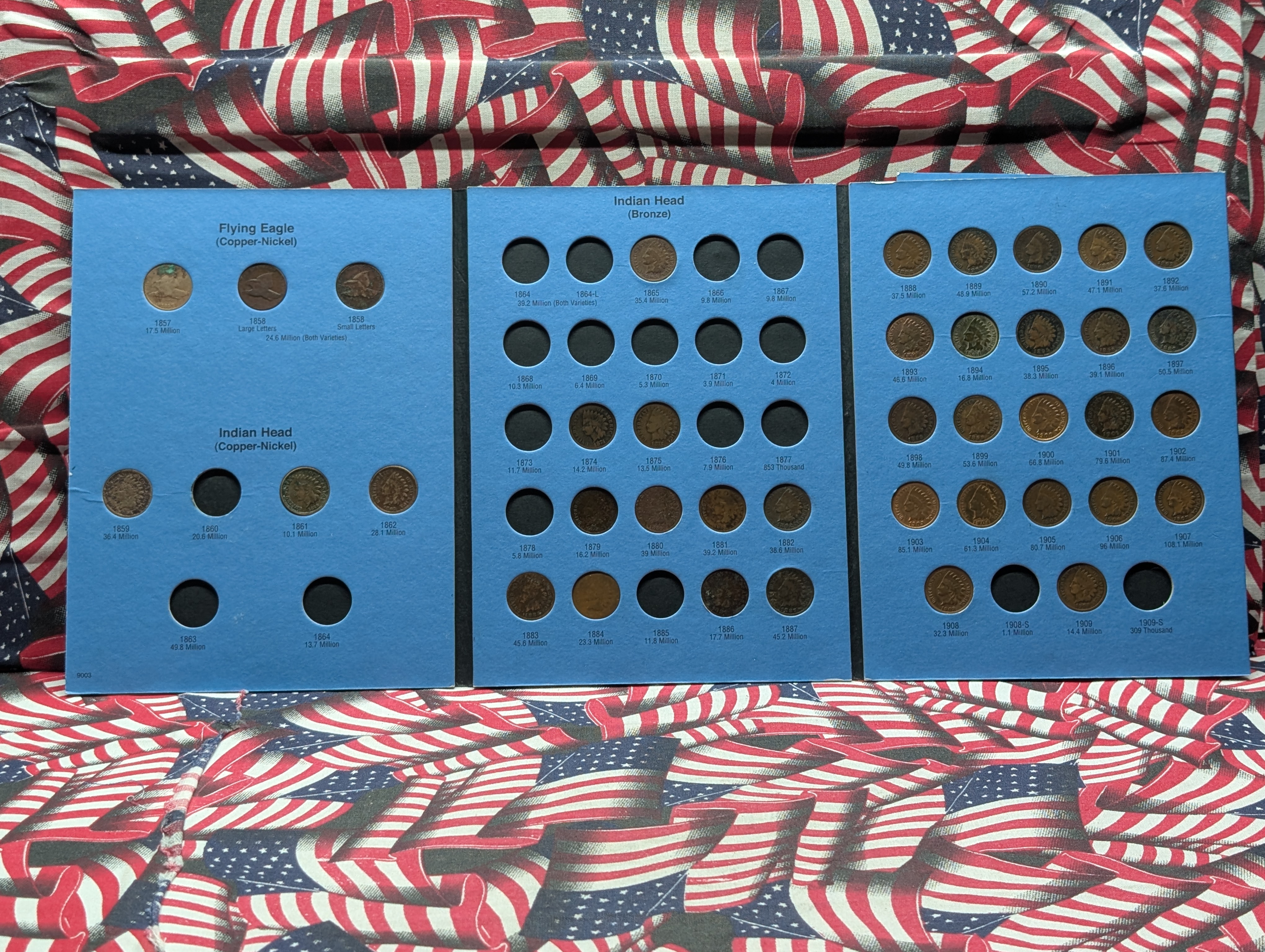 1857 to 1909 Indian Head Cent Whitman Folder w/ 39 Coins - INCLUDES A 1857, 1858 S. L. & 1858 L.L Flying Eagle Cents, 1860 is in the wrong s