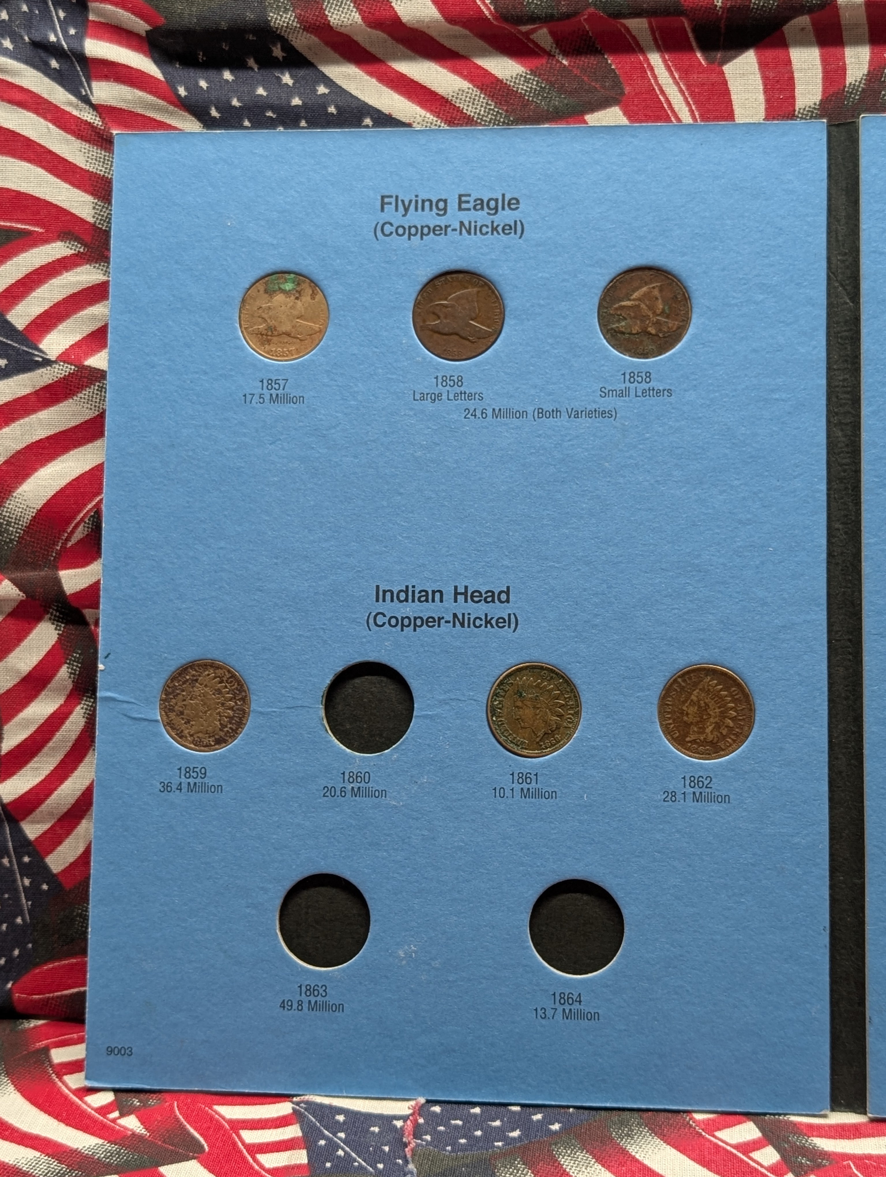 1857 to 1909 Indian Head Cent Whitman Folder w/ 39 Coins - INCLUDES A 1857, 1858 S. L. & 1858 L.L Flying Eagle Cents, 1860 is in the wrong s