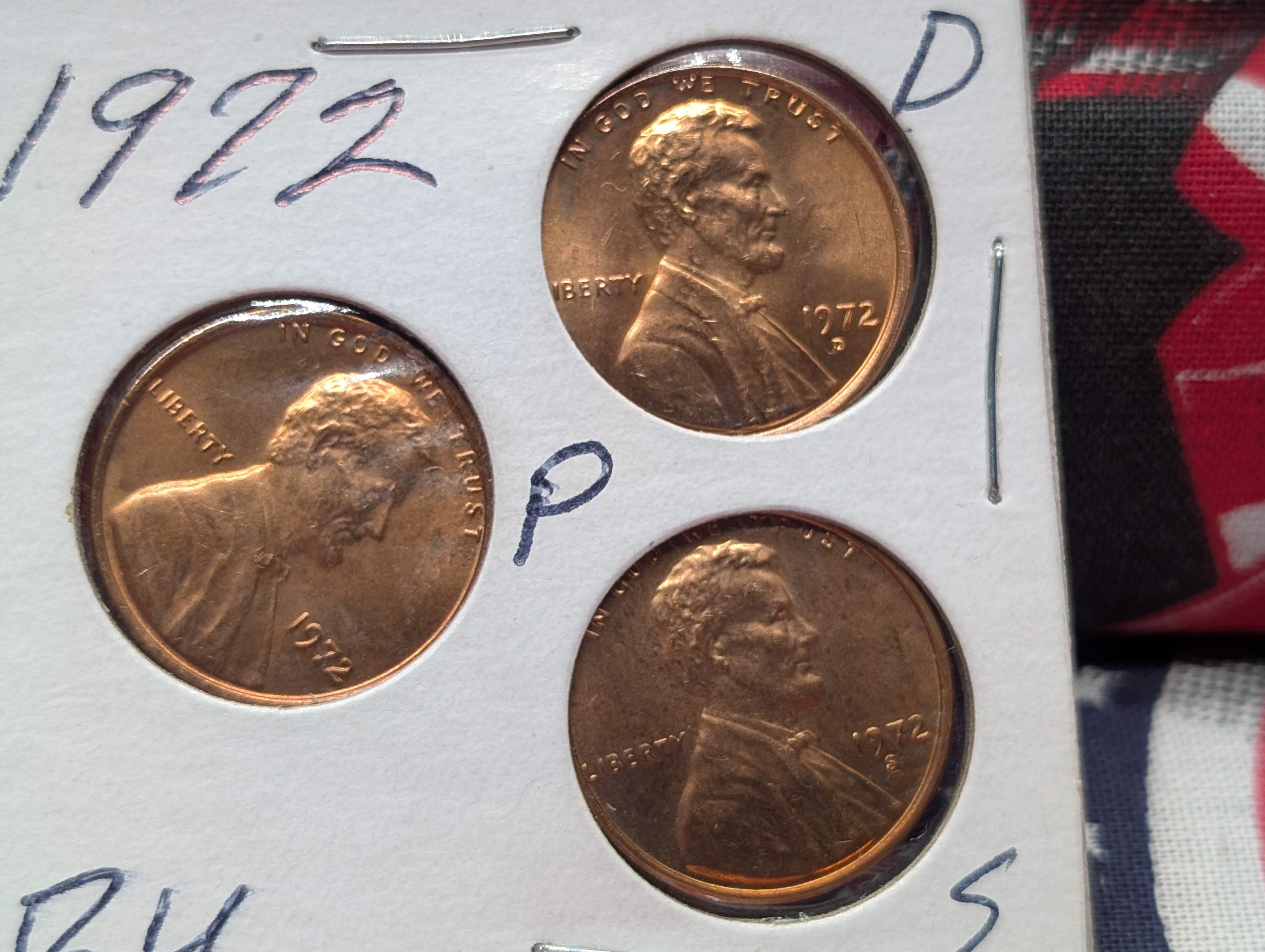 1972 P, D & S Lincoln Memorial Cents - Red, UNC.