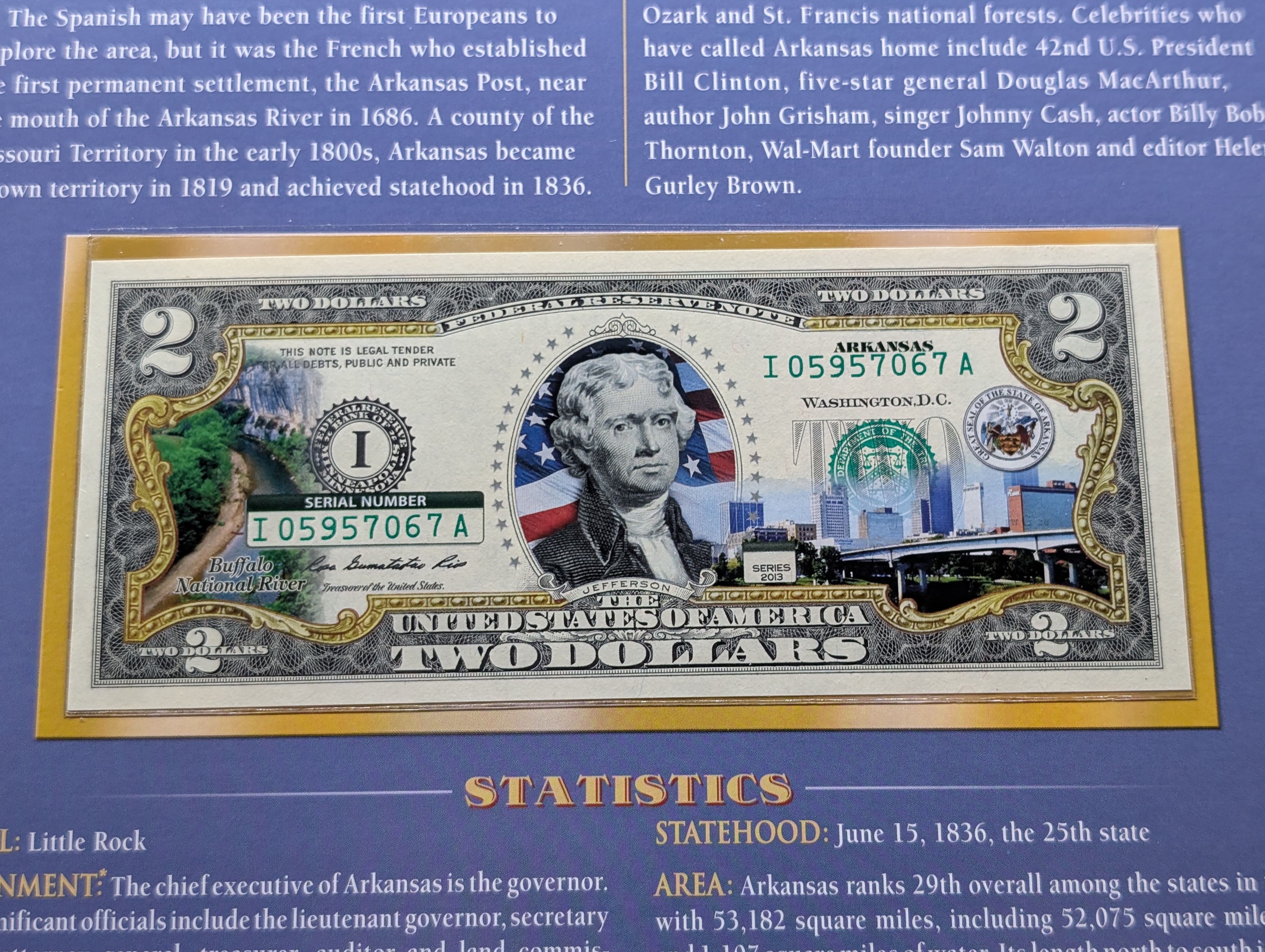 2013 $2 Colorized Arkansas Commemorative Note - Minneapolis District (I)