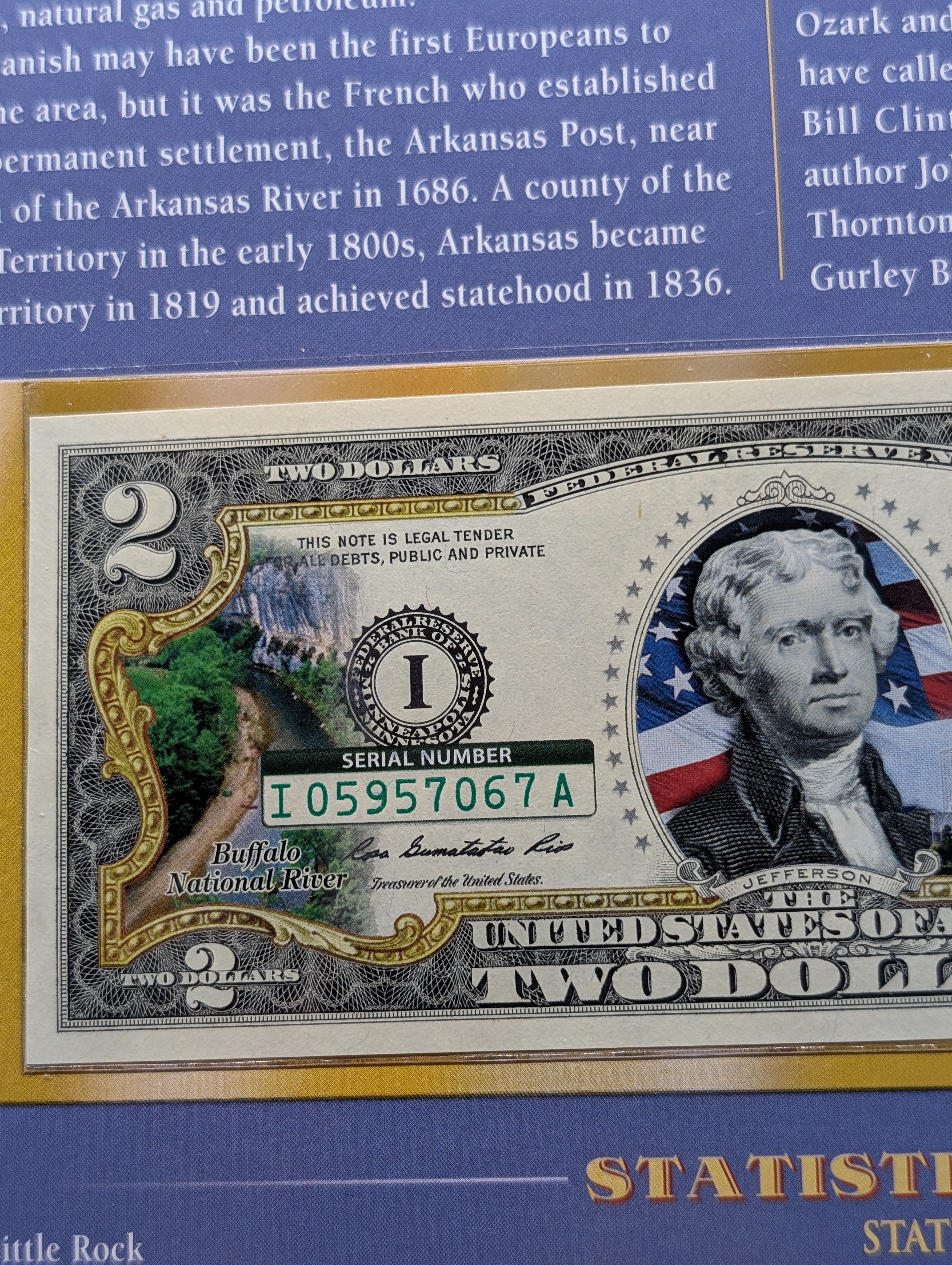 2013 $2 Colorized Arkansas Commemorative Note - Minneapolis District (I)