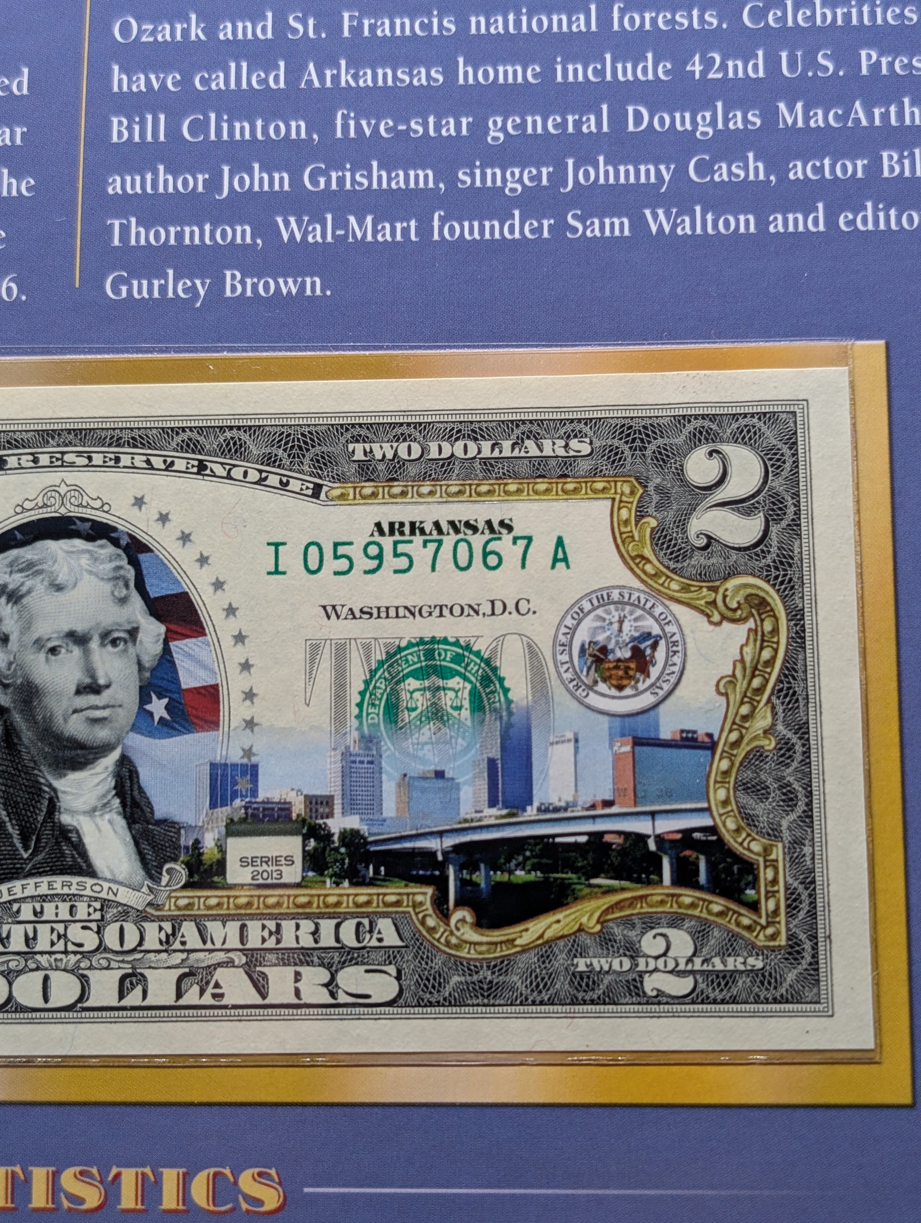 2013 $2 Colorized Arkansas Commemorative Note - Minneapolis District (I)
