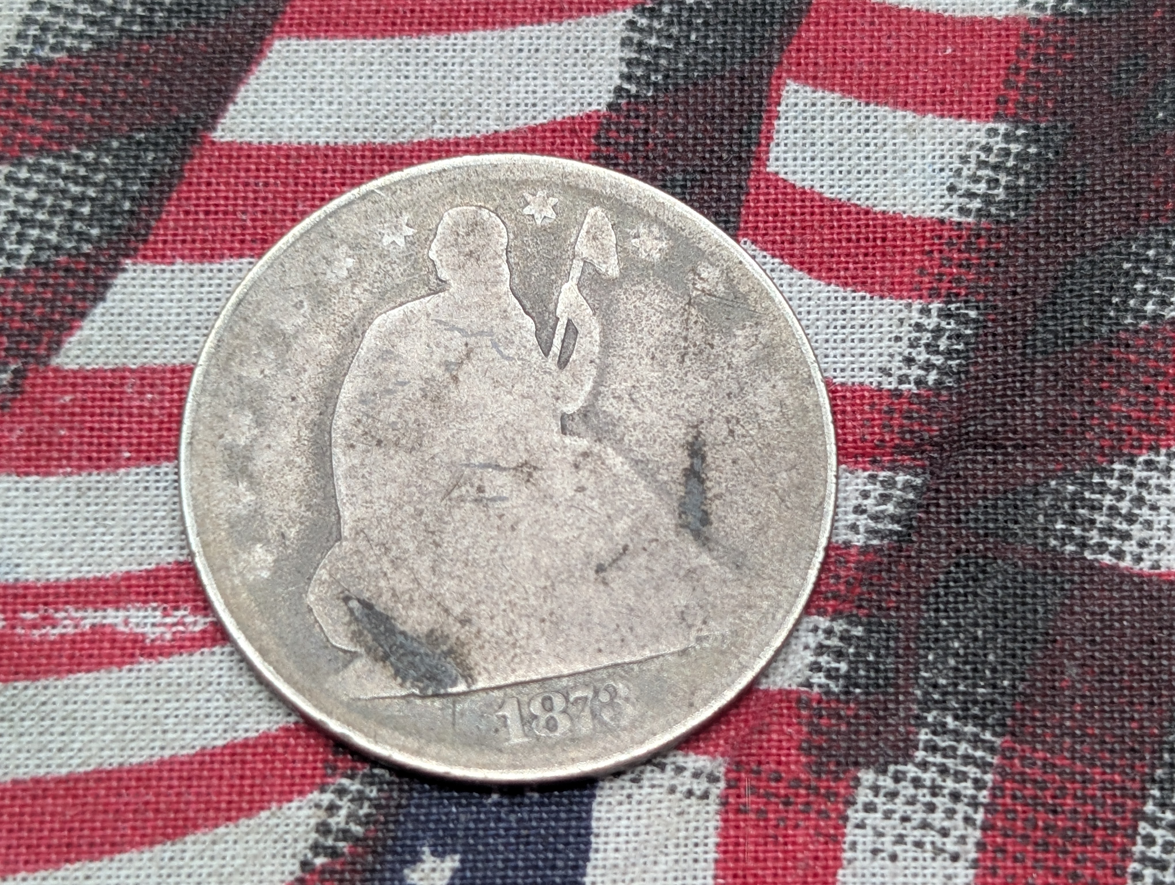 1873 Seated Liberty 90% Silver Half Dollar, No Arrows. Appears to be the Closed 3 variety.
