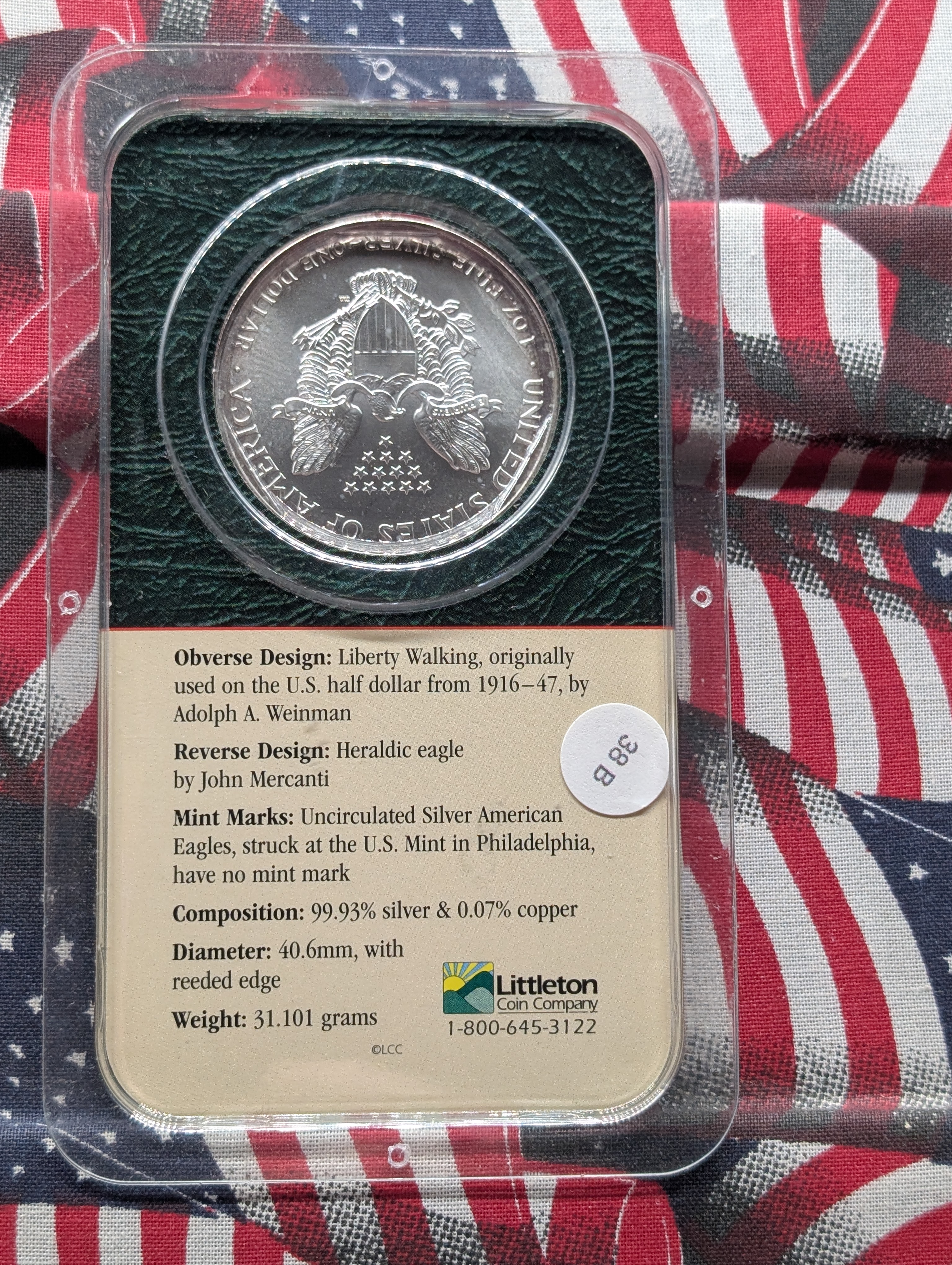 1999 American Silver Eagle, .999 Fine Silver One Troy Ounce, UNC.