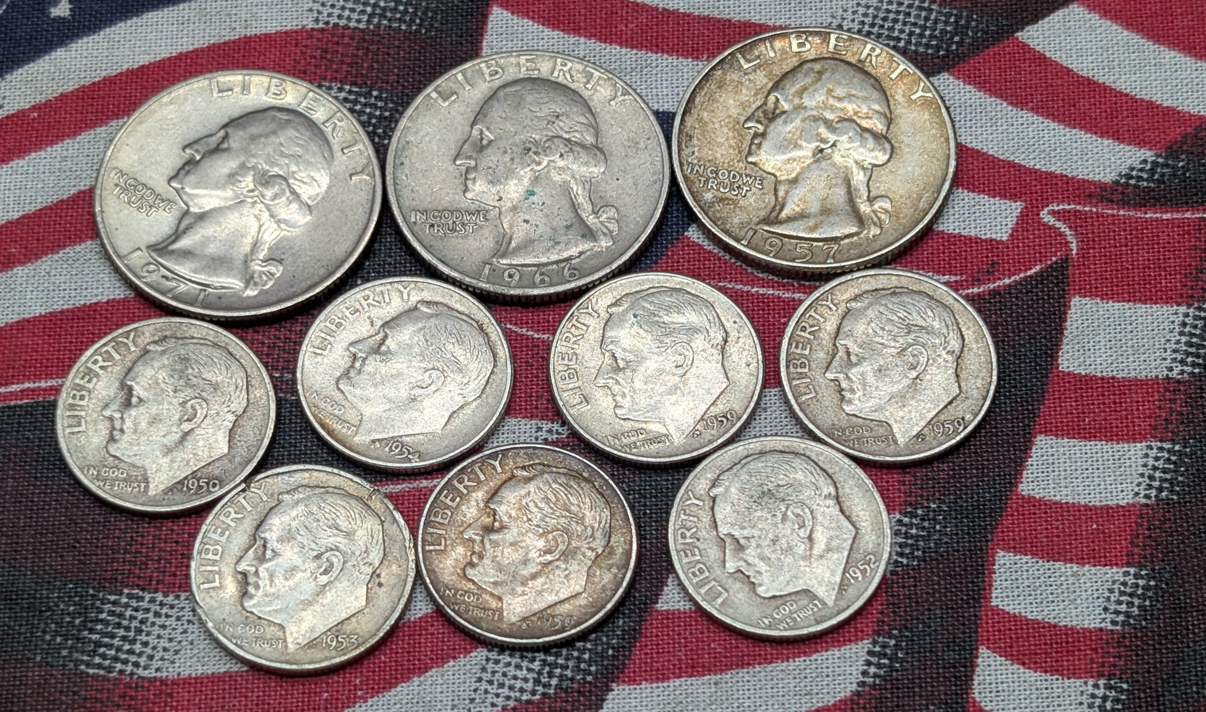 8 - 90% Silver Coins - 1957 Washington Quarter & Seven Silver Roosevelt Dimes - 2 Quarters are Clad