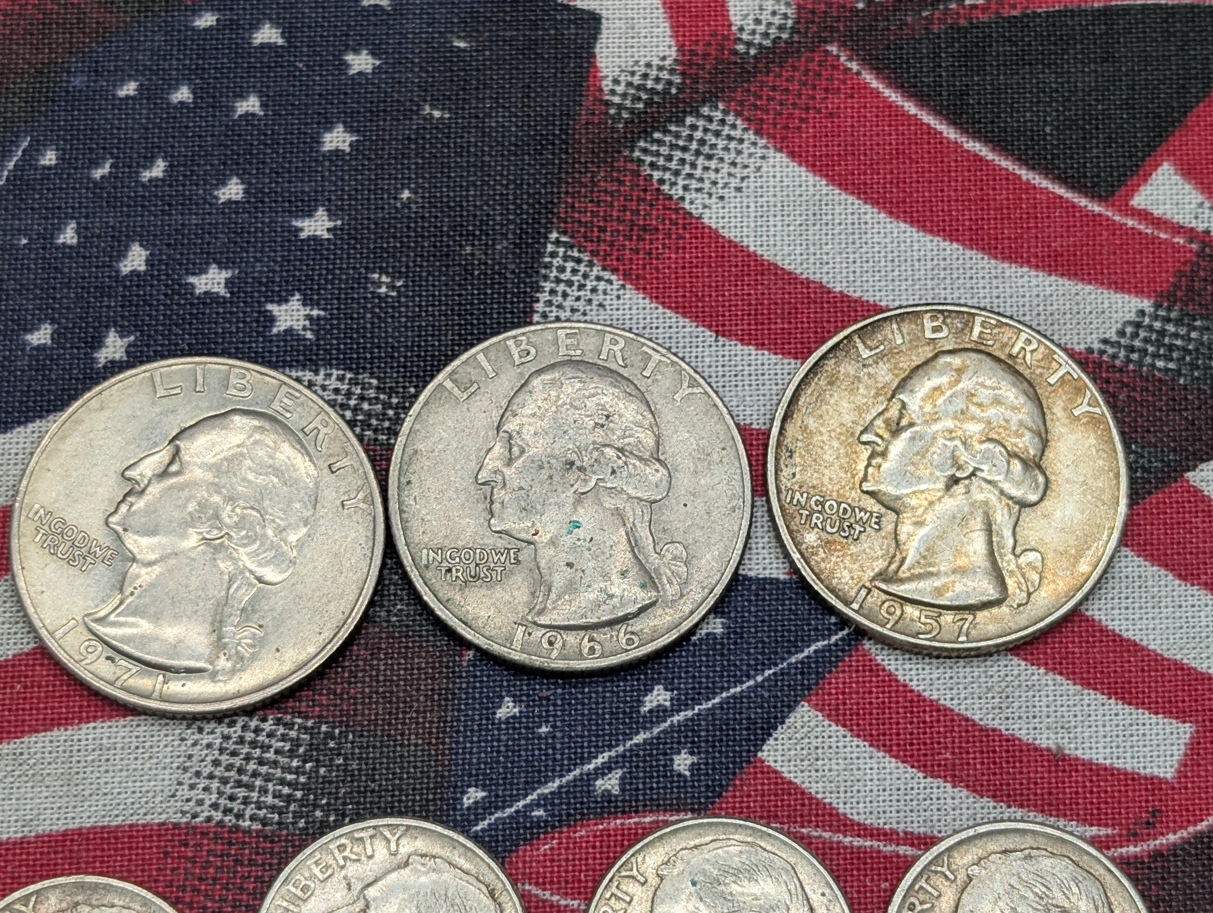 8 - 90% Silver Coins - 1957 Washington Quarter & Seven Silver Roosevelt Dimes - 2 Quarters are Clad