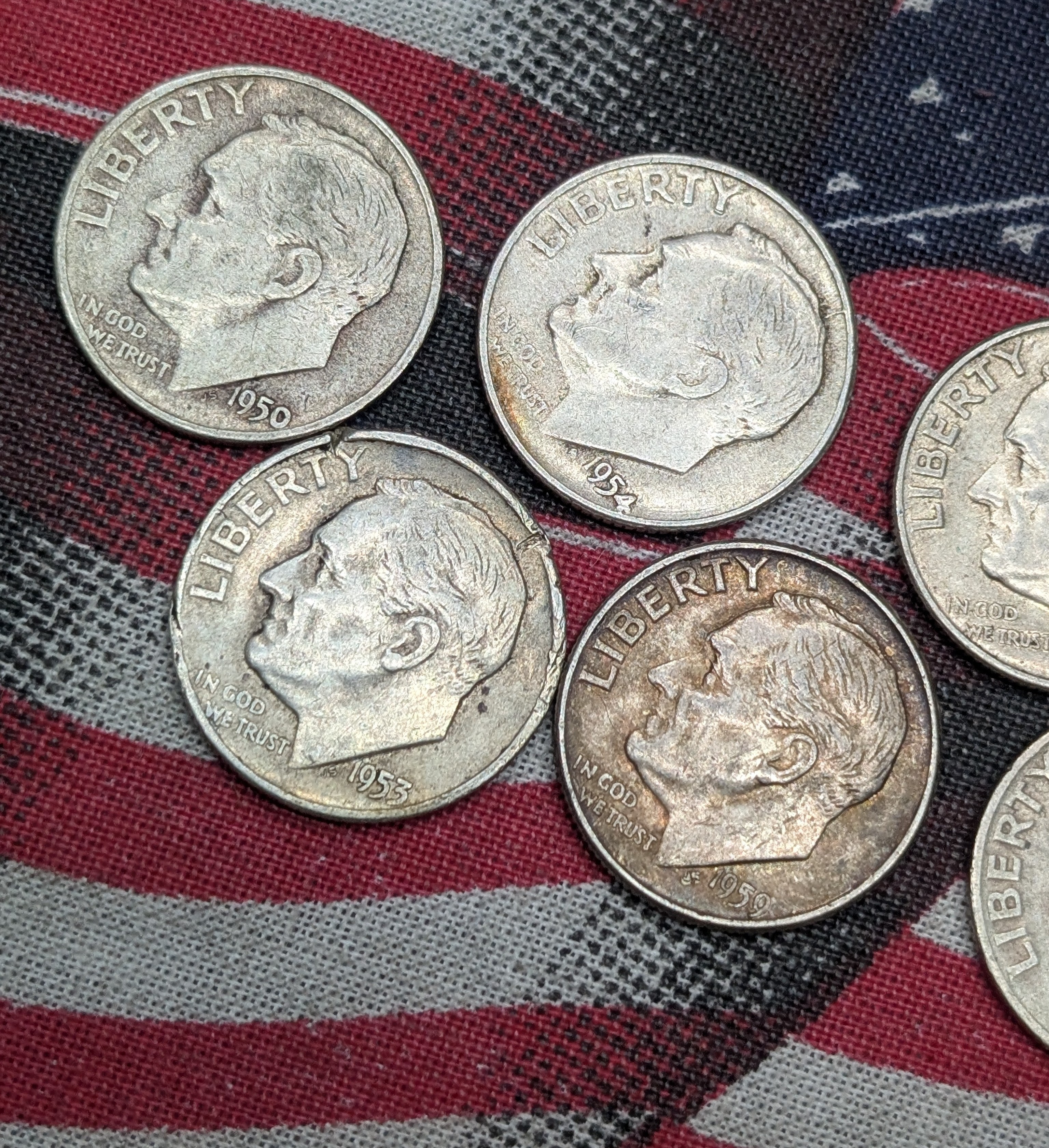 8 - 90% Silver Coins - 1957 Washington Quarter & Seven Silver Roosevelt Dimes - 2 Quarters are Clad