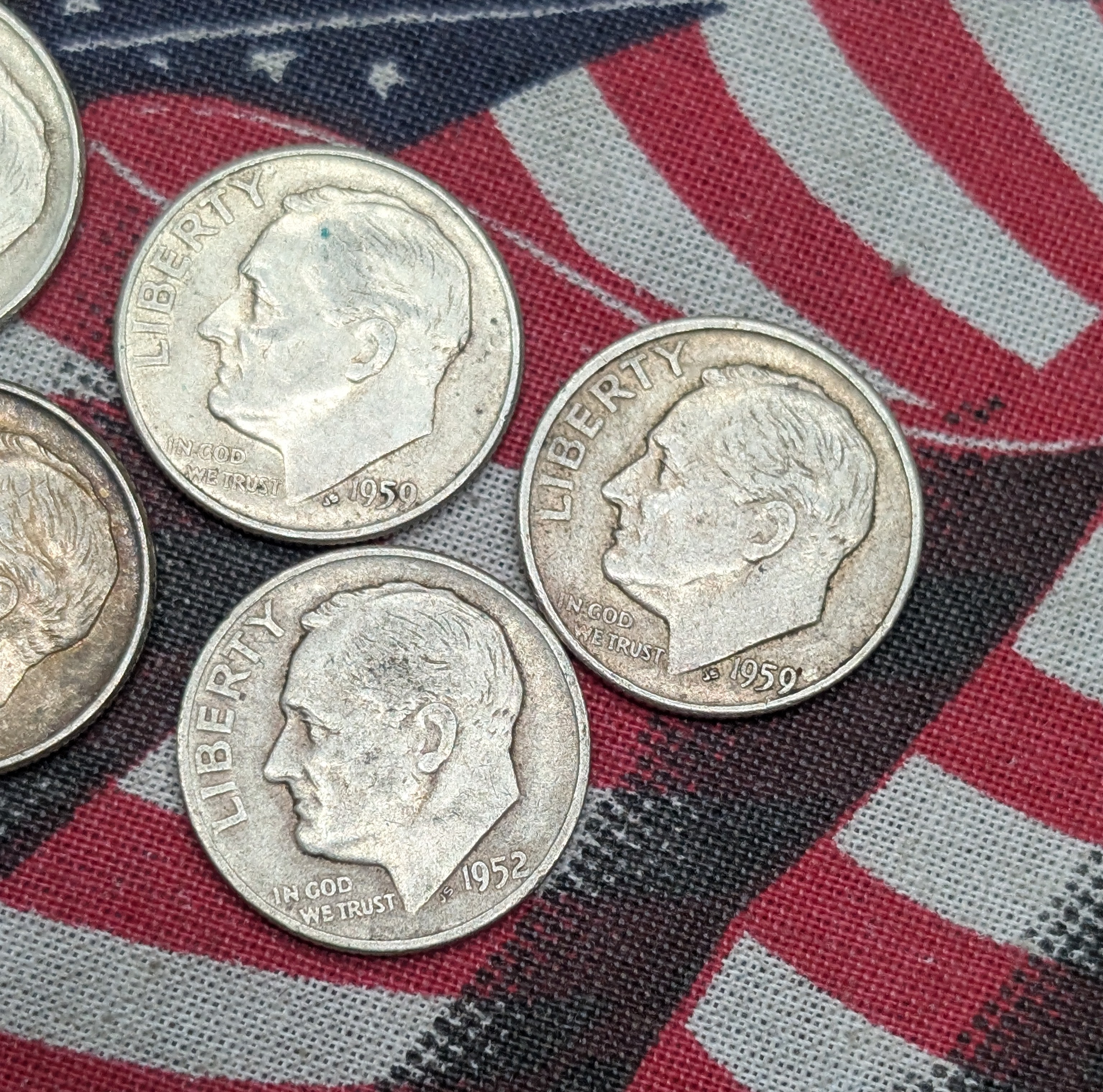 8 - 90% Silver Coins - 1957 Washington Quarter & Seven Silver Roosevelt Dimes - 2 Quarters are Clad
