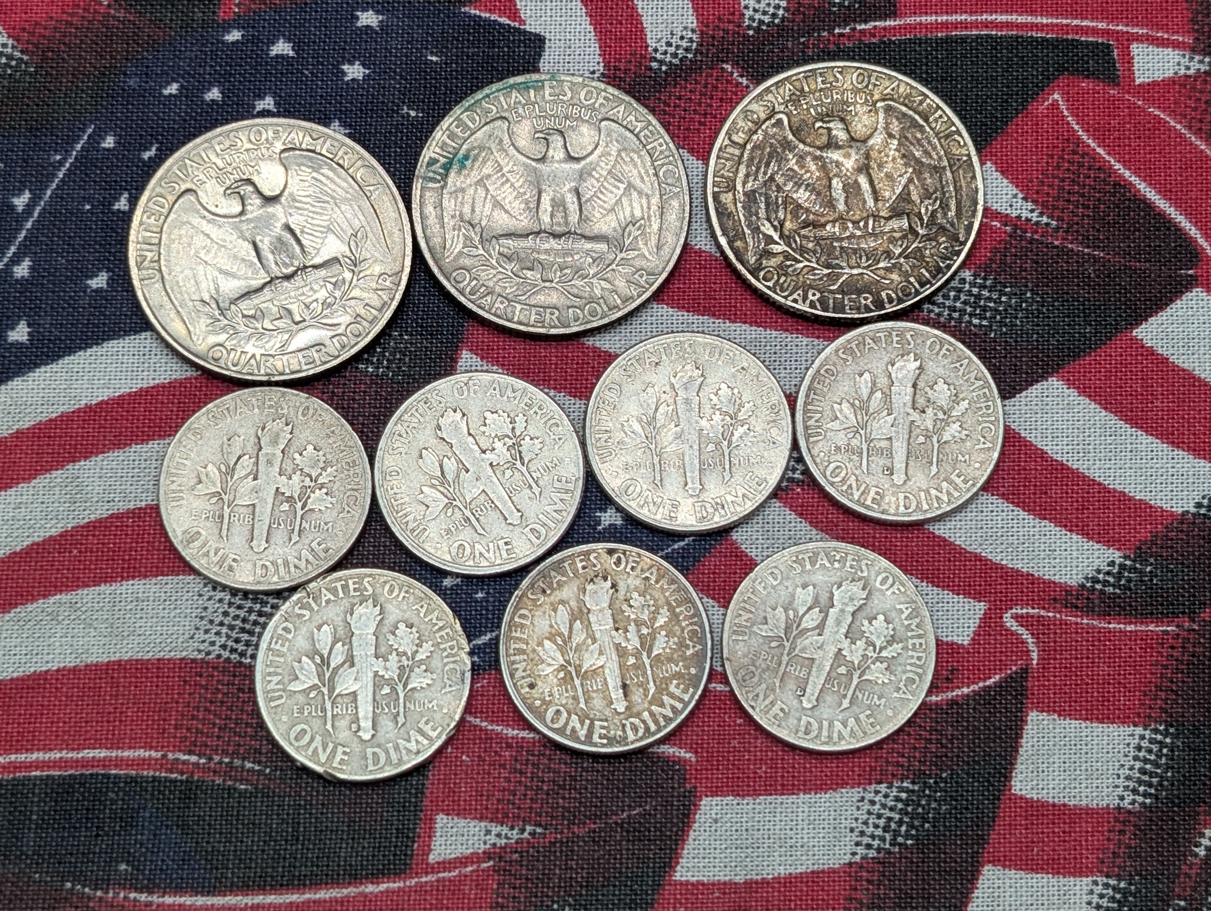 8 - 90% Silver Coins - 1957 Washington Quarter & Seven Silver Roosevelt Dimes - 2 Quarters are Clad