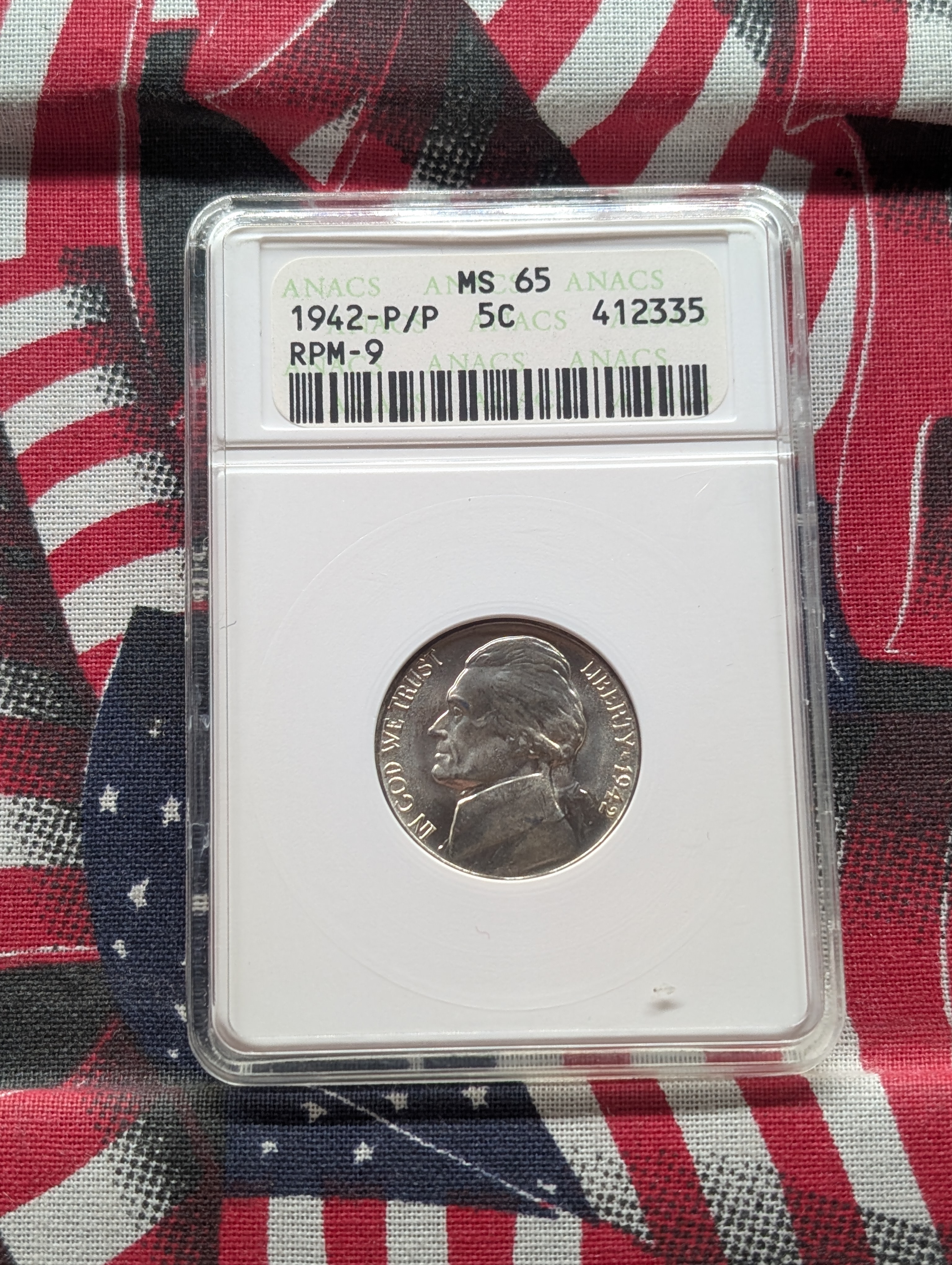 1942-P/P Jefferson 35% Silver War Nickel ANACS MS 65, RPM-9 Repunched Mint Mark