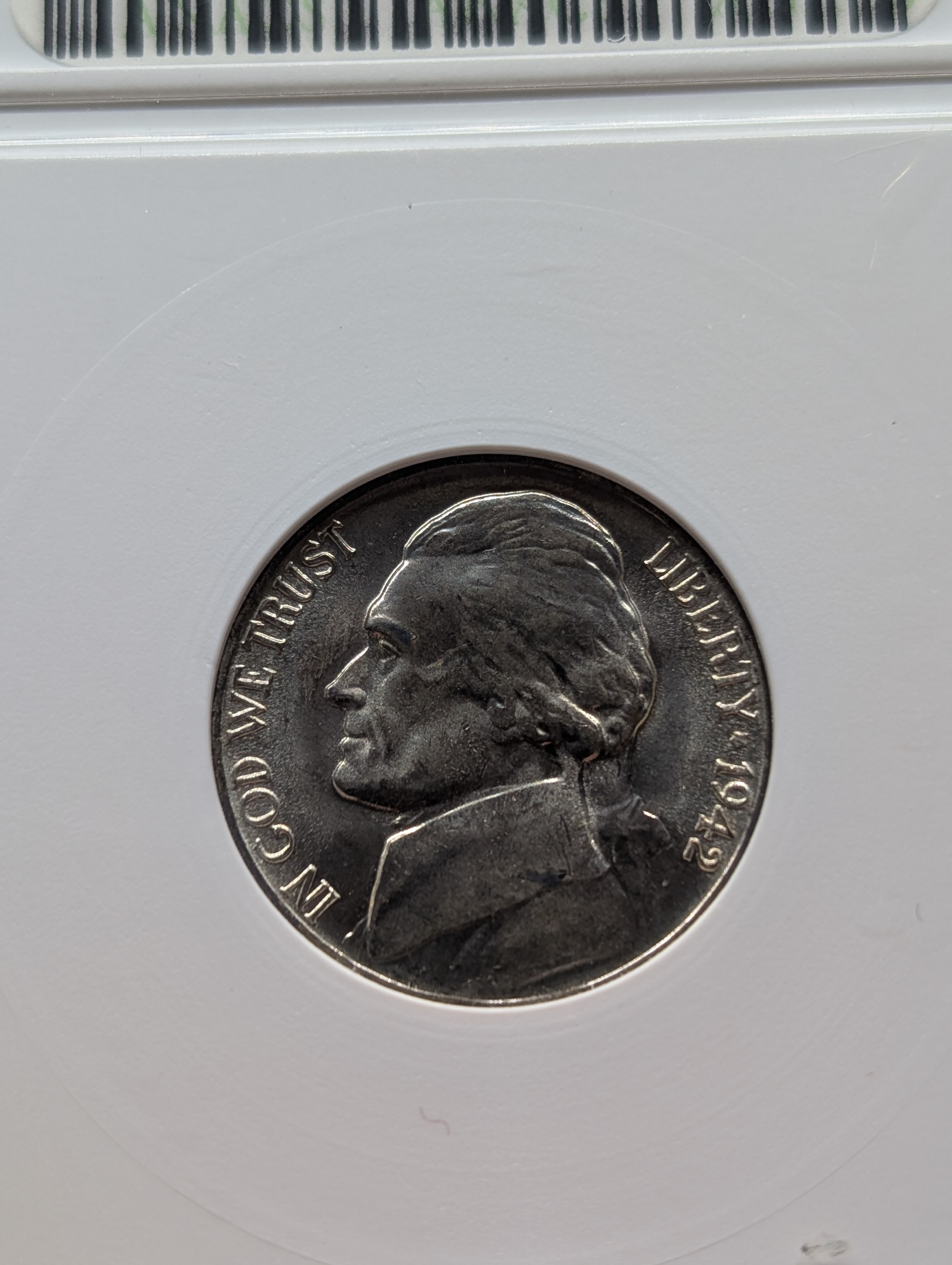 1942-P/P Jefferson 35% Silver War Nickel ANACS MS 65, RPM-9 Repunched Mint Mark