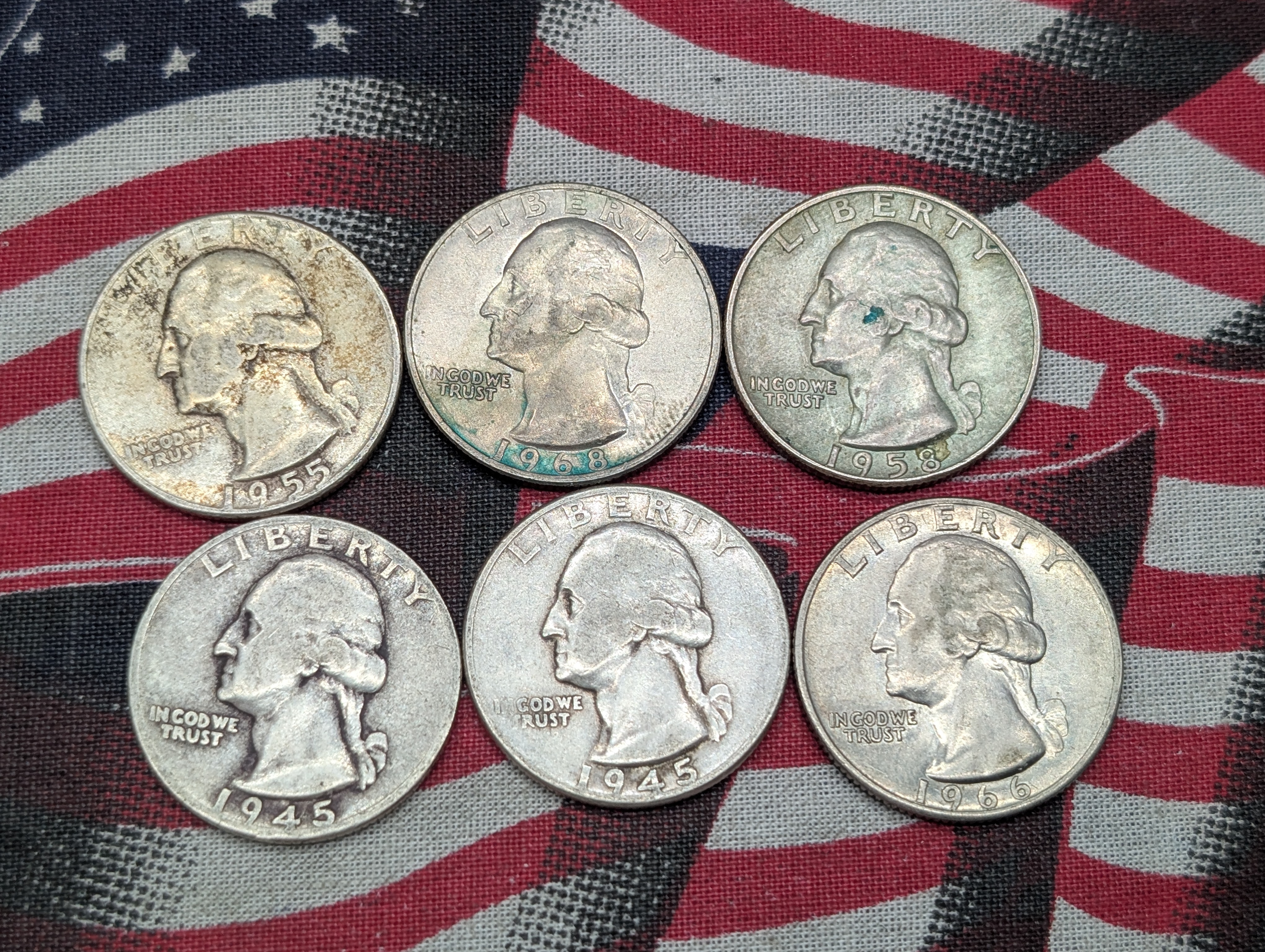 (4) 90% Silver Quarters, 1955, 1958-D, (2) 1945 and Two Clad Quarters - 1966 & 1968