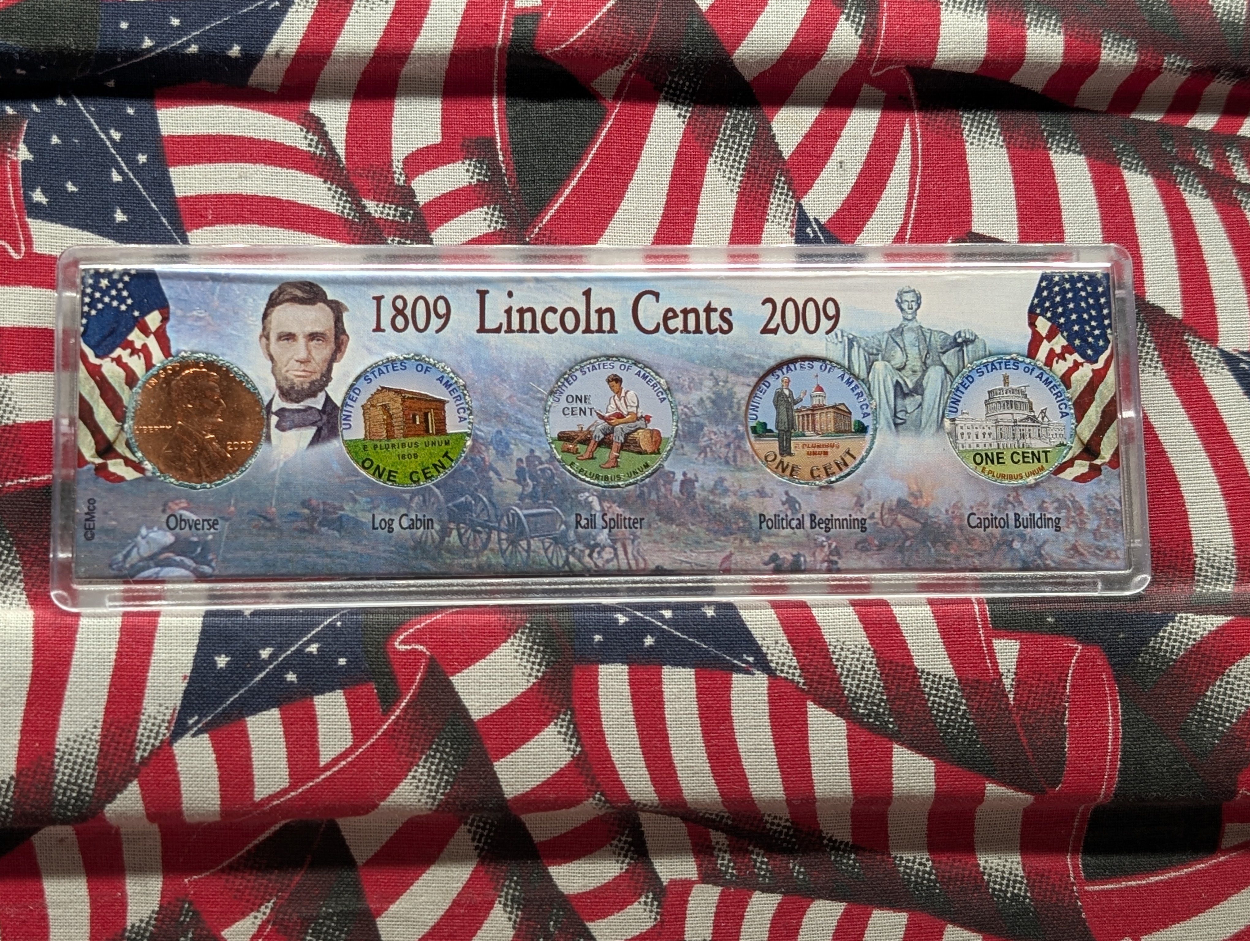 2009-D Four Coin Colorized Lincoln Cents & One 2009-P Rail Splitter not Colorized