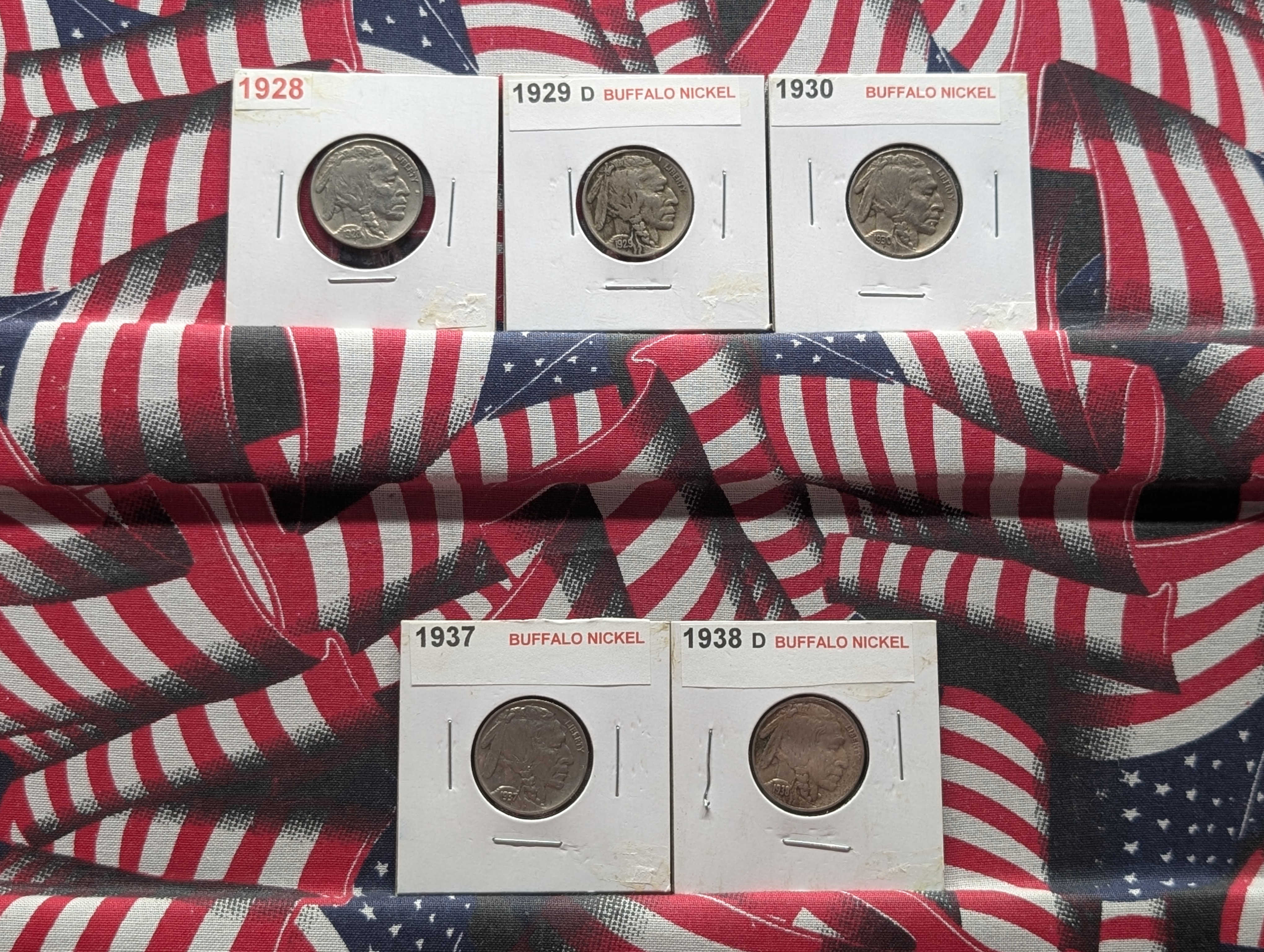 (5) Indian Head Buffalo Nickels - 1928, 1929-D, 1930, 1937, 1938-D