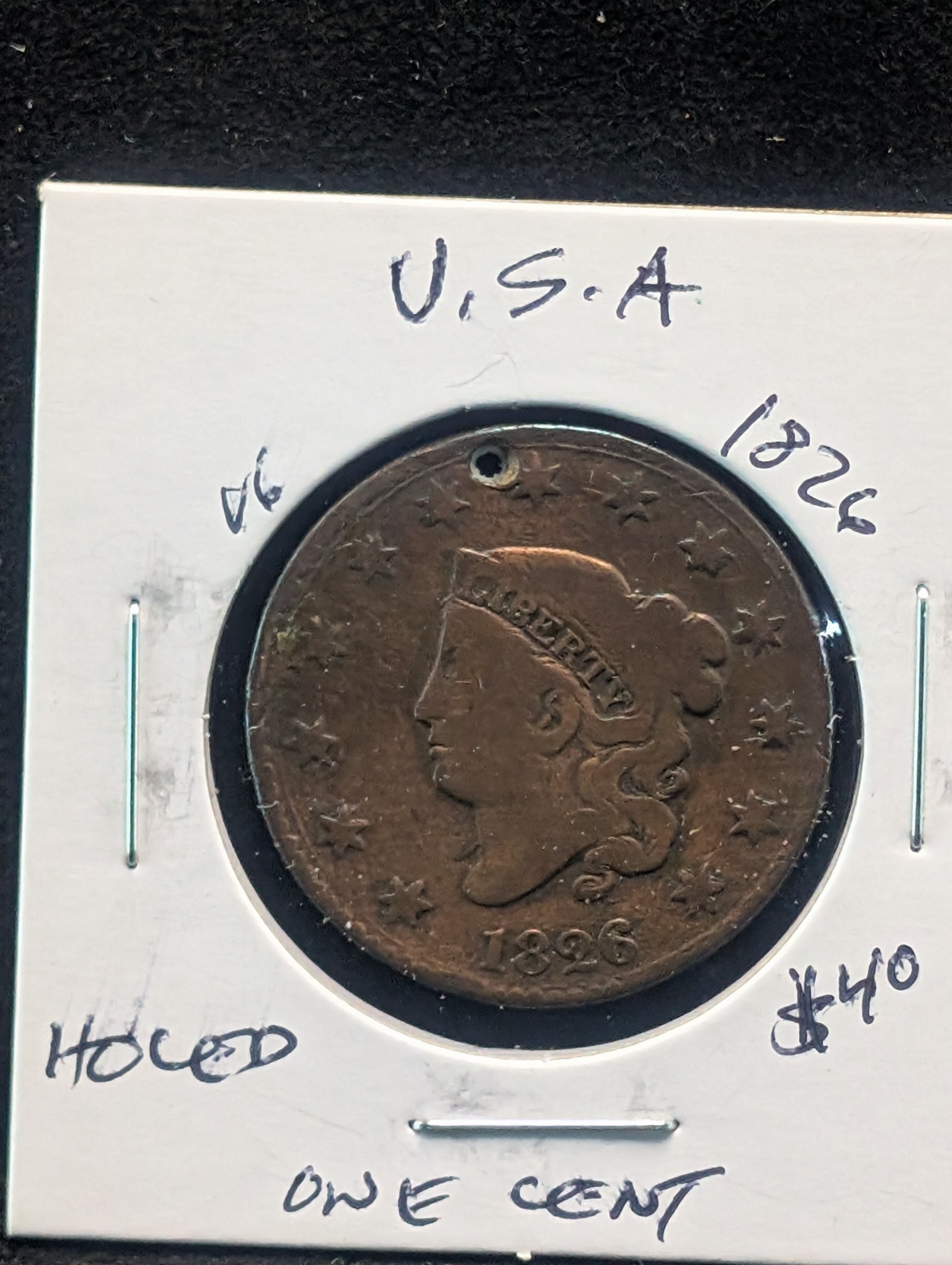 1826 Matron Liberty Head Large Cent - Nice Details but Holed