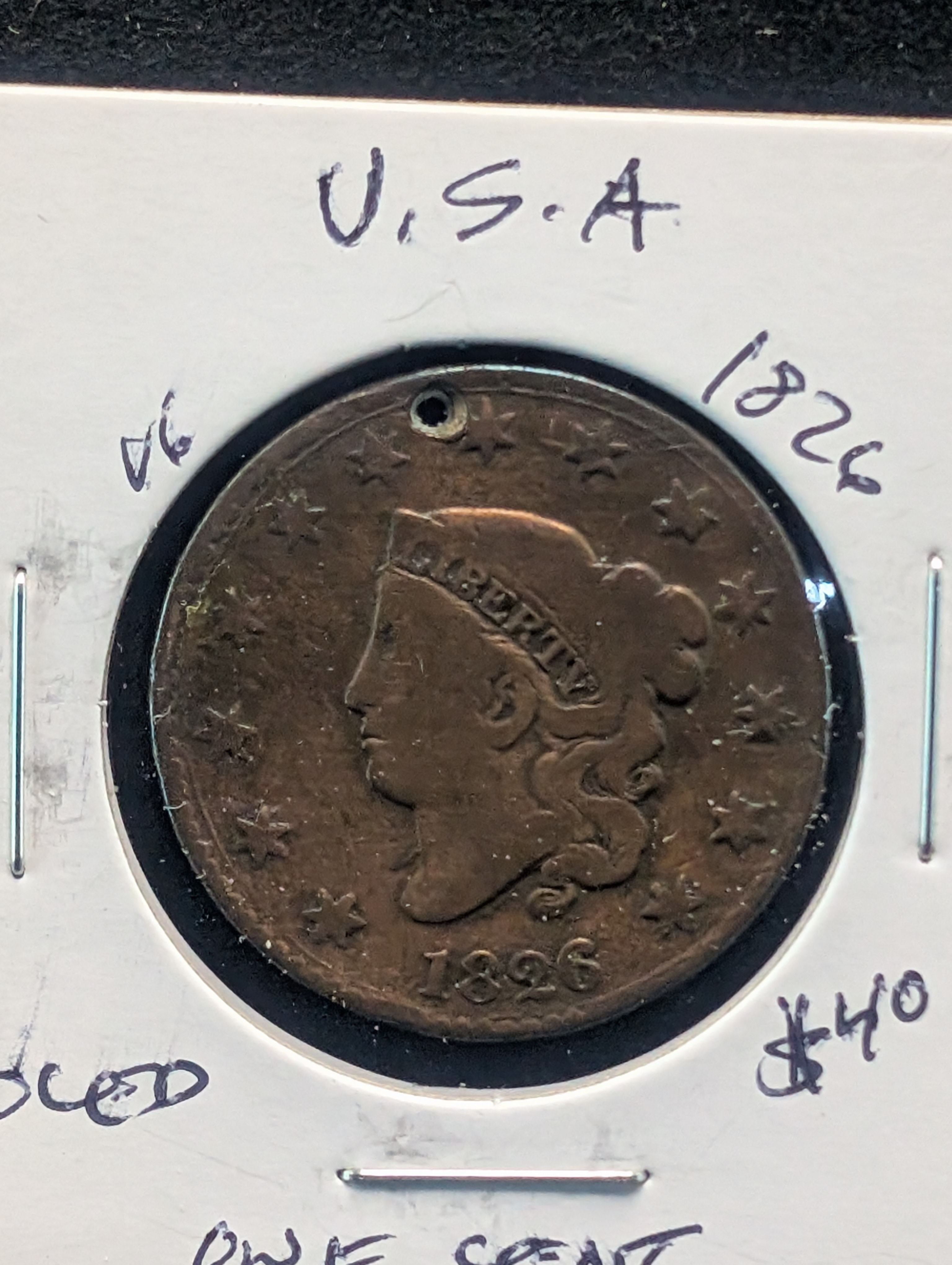1826 Matron Liberty Head Large Cent - Nice Details but Holed