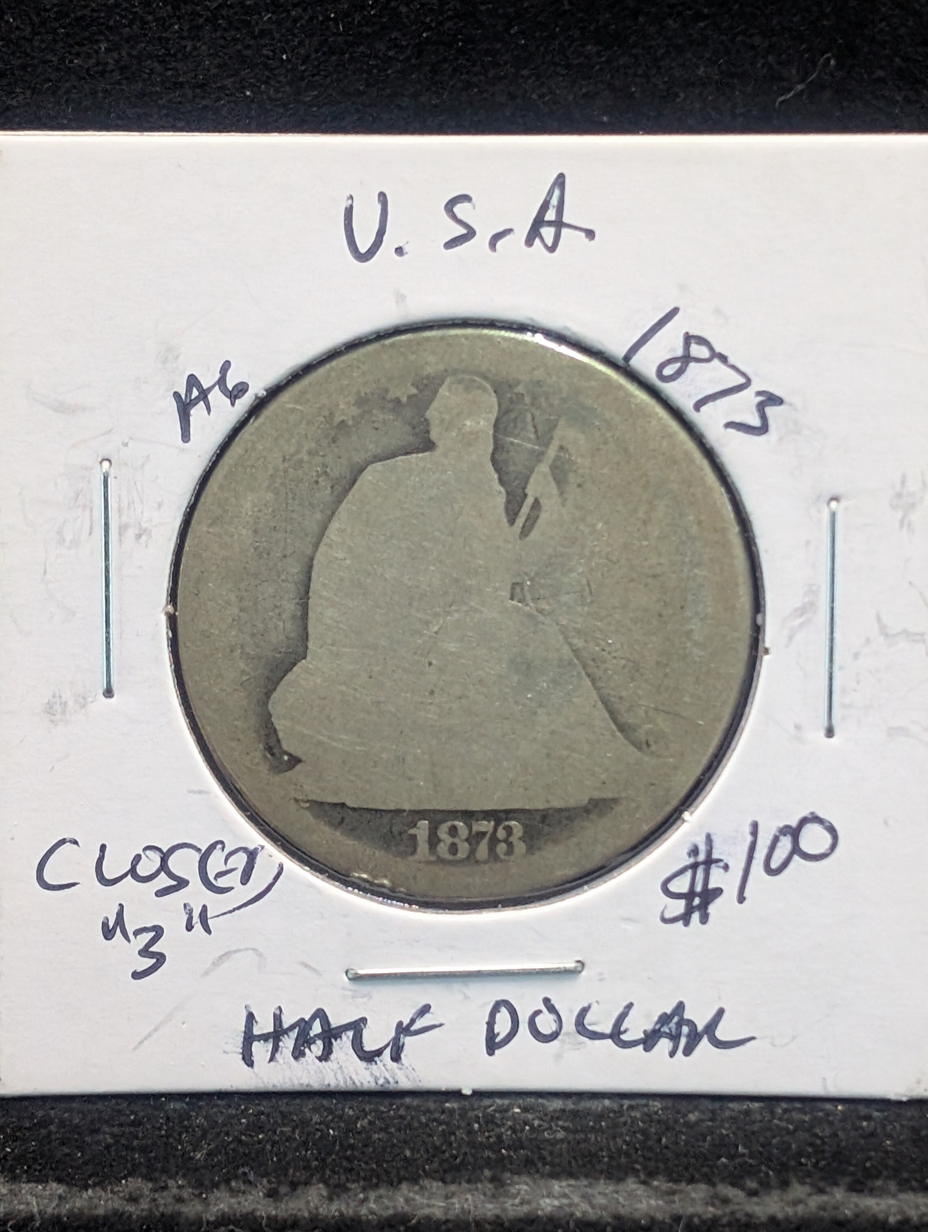 1873 Closed 3 - 90% Silver Seated Liberty Half Dollar