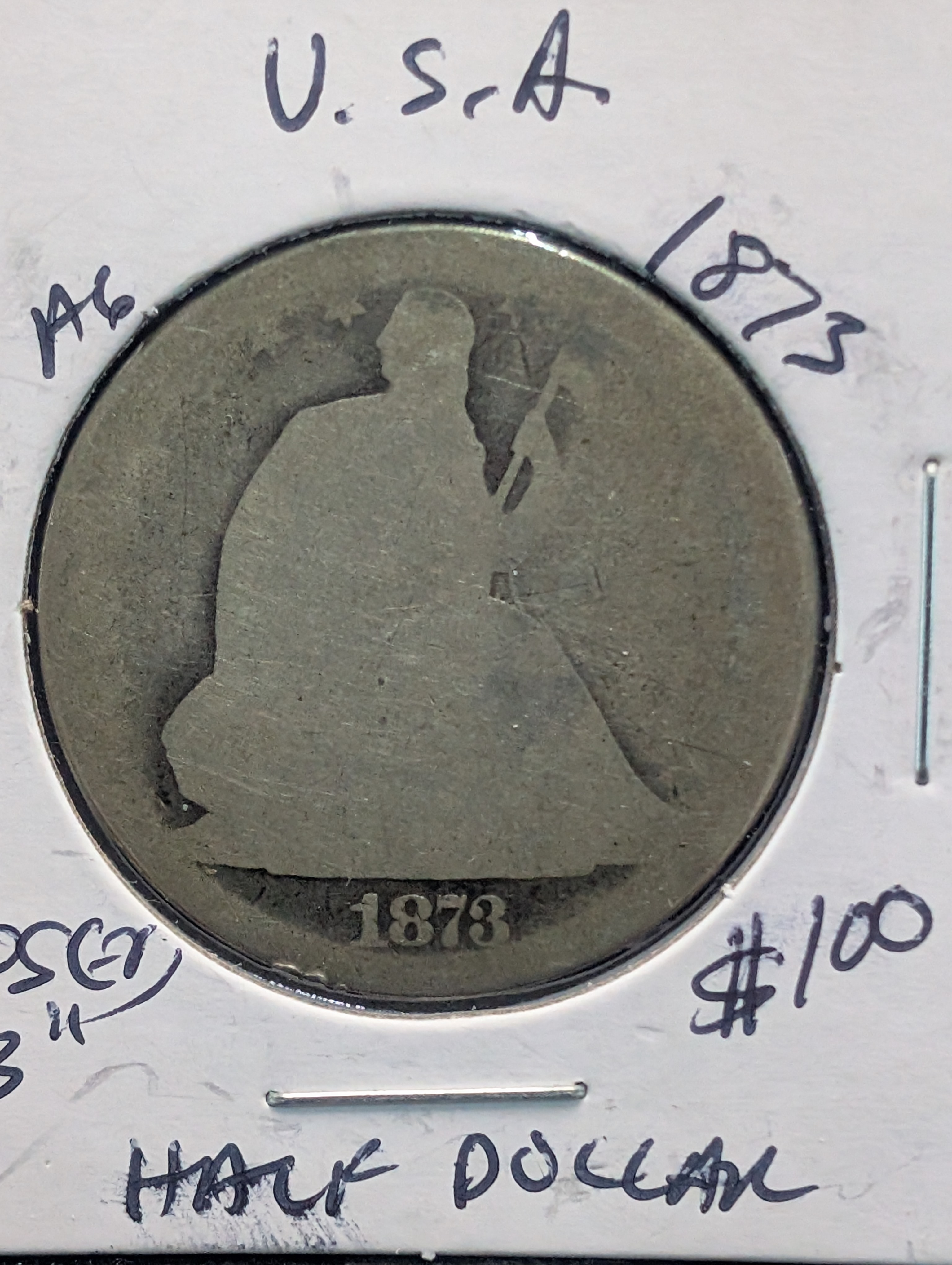1873 Closed 3 - 90% Silver Seated Liberty Half Dollar