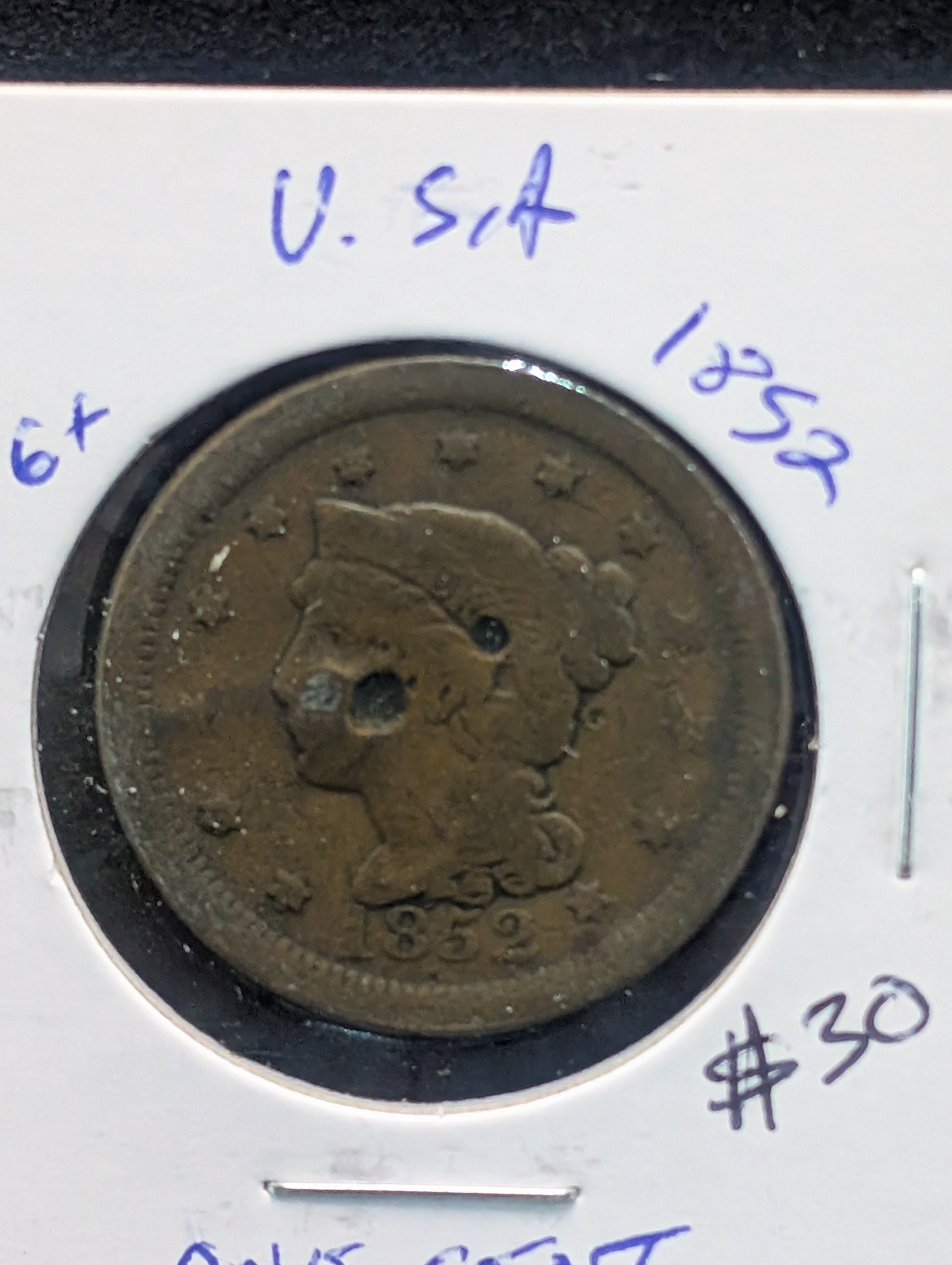 1852 Braided Hair Large Cent - 174 Years Old! Environmentally Damaged