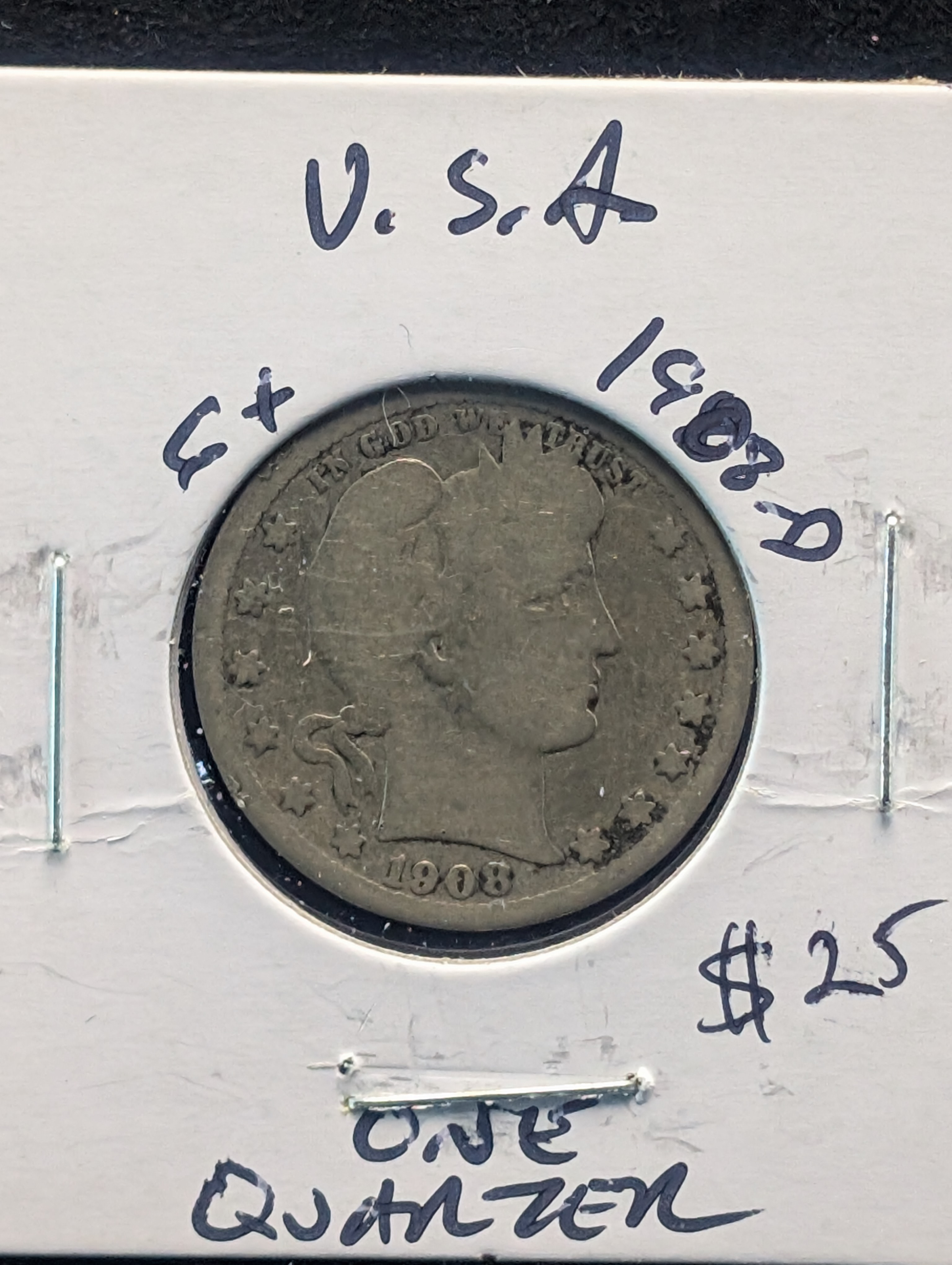 1908-D 90% Silver Barber Quarter - 118 Years Old!