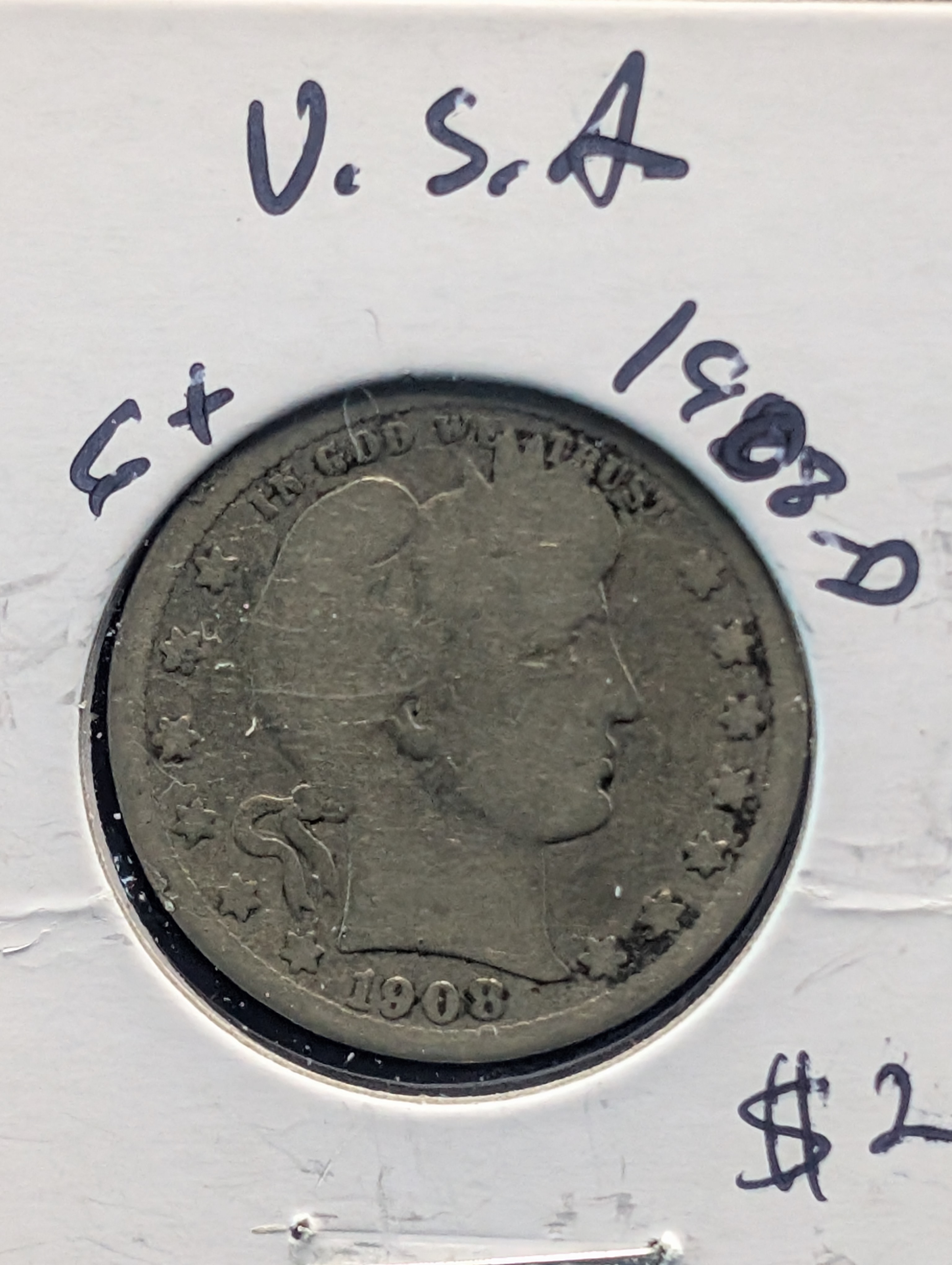 1908-D 90% Silver Barber Quarter - 118 Years Old!