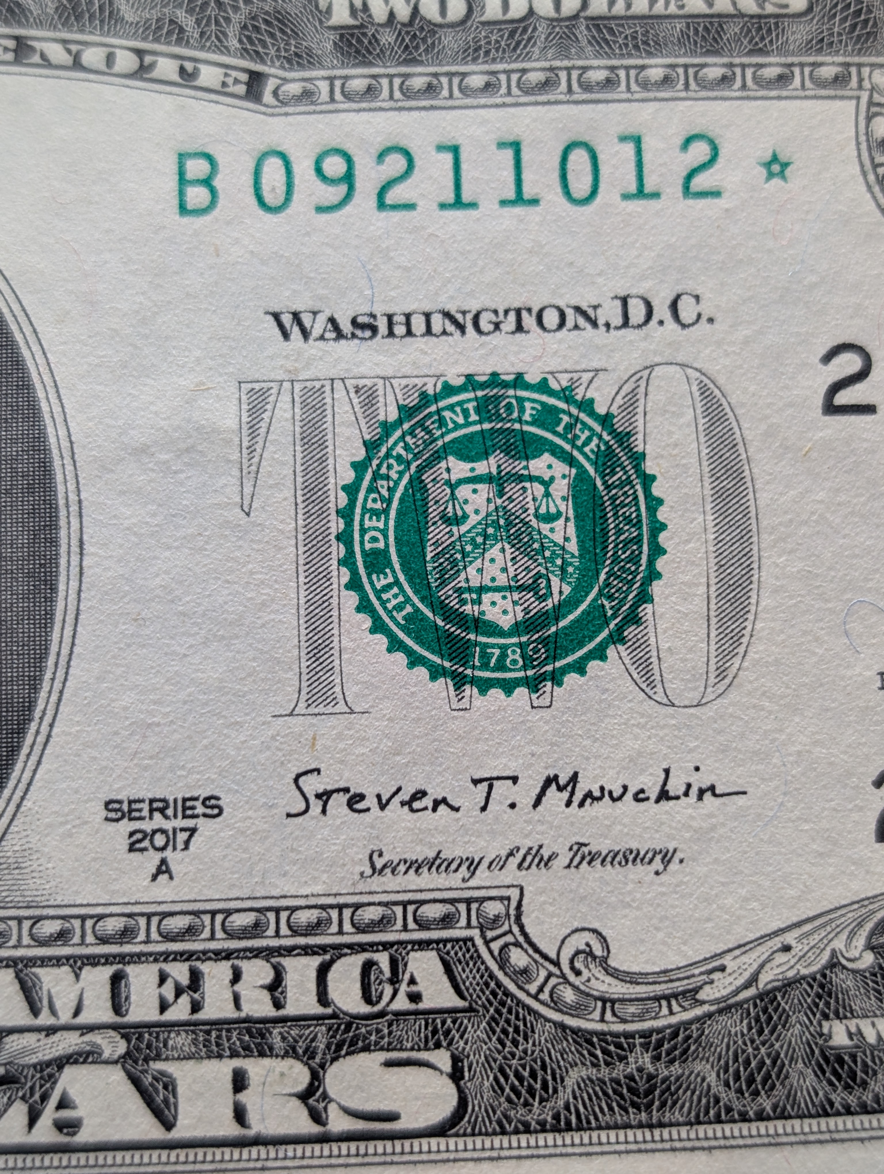 2017-A Series U.S. $2 Star Note, Serial # B 09211012*