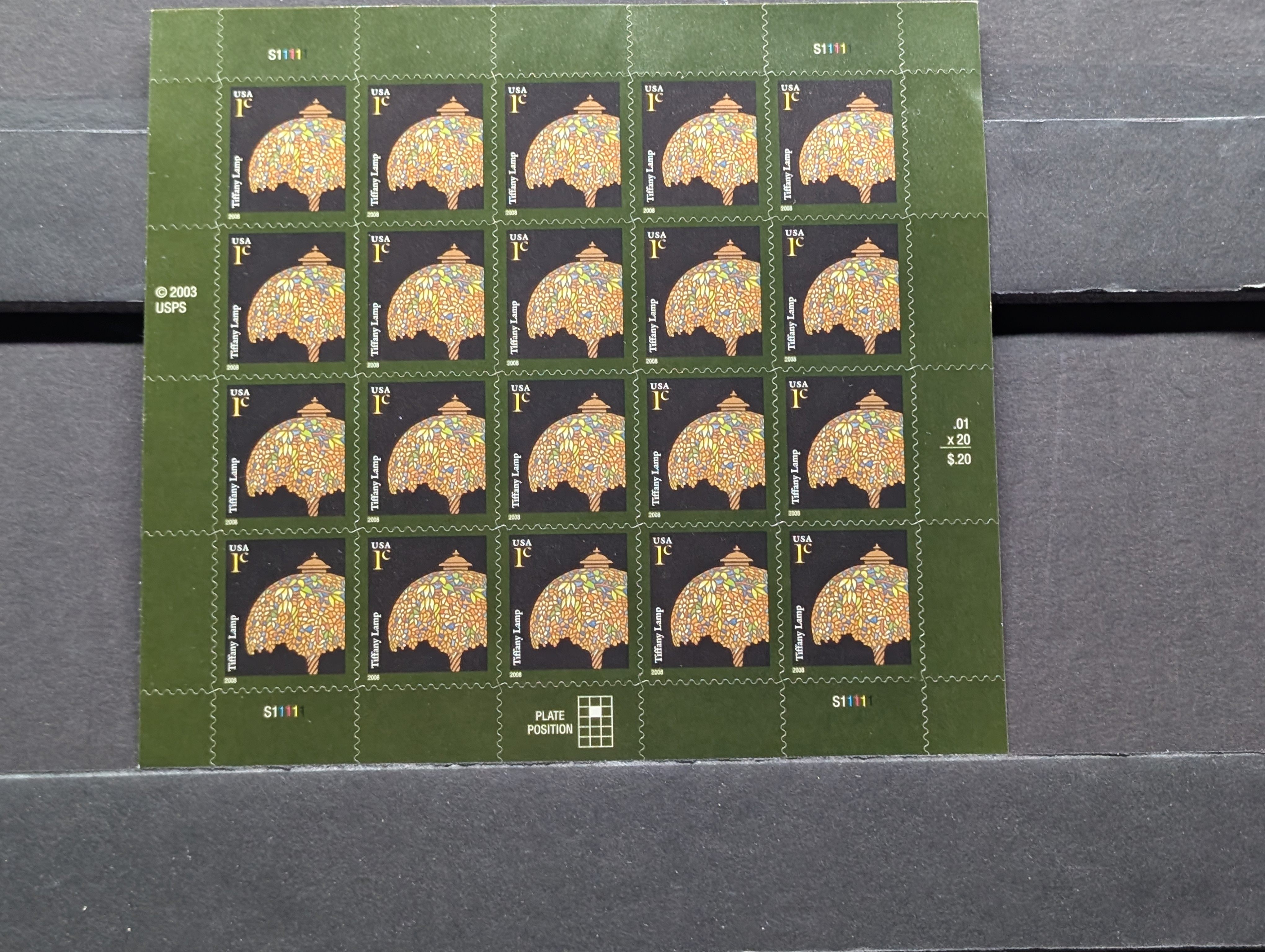 2008 Tiffany Lamp U.S. Mint Stamp Sheet, Mint, Original Gum, Never Hinged