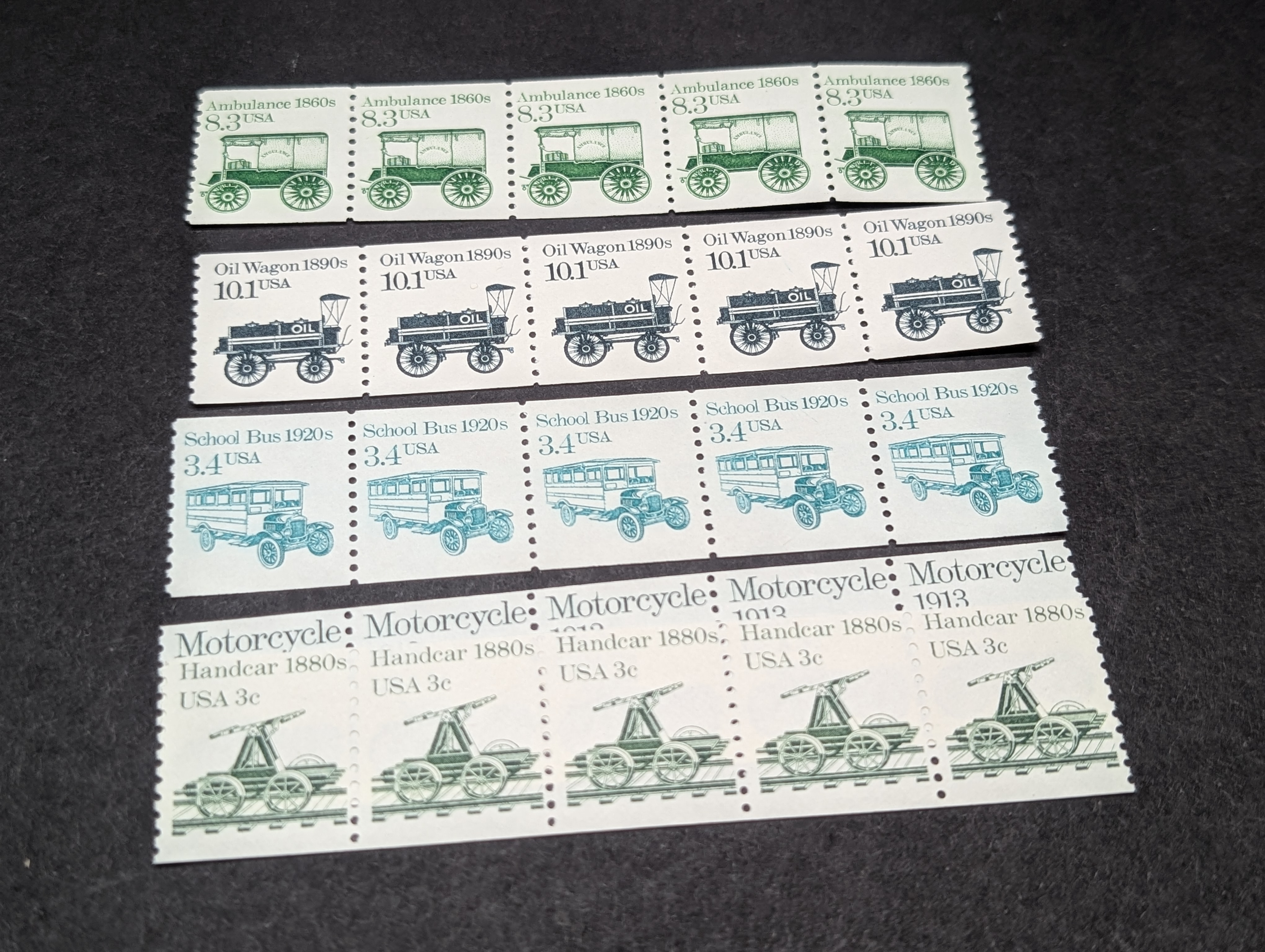 (5) Assorted U.S. Strip Sets Of Stamps, All Mint, Original Gum, Never Hinged